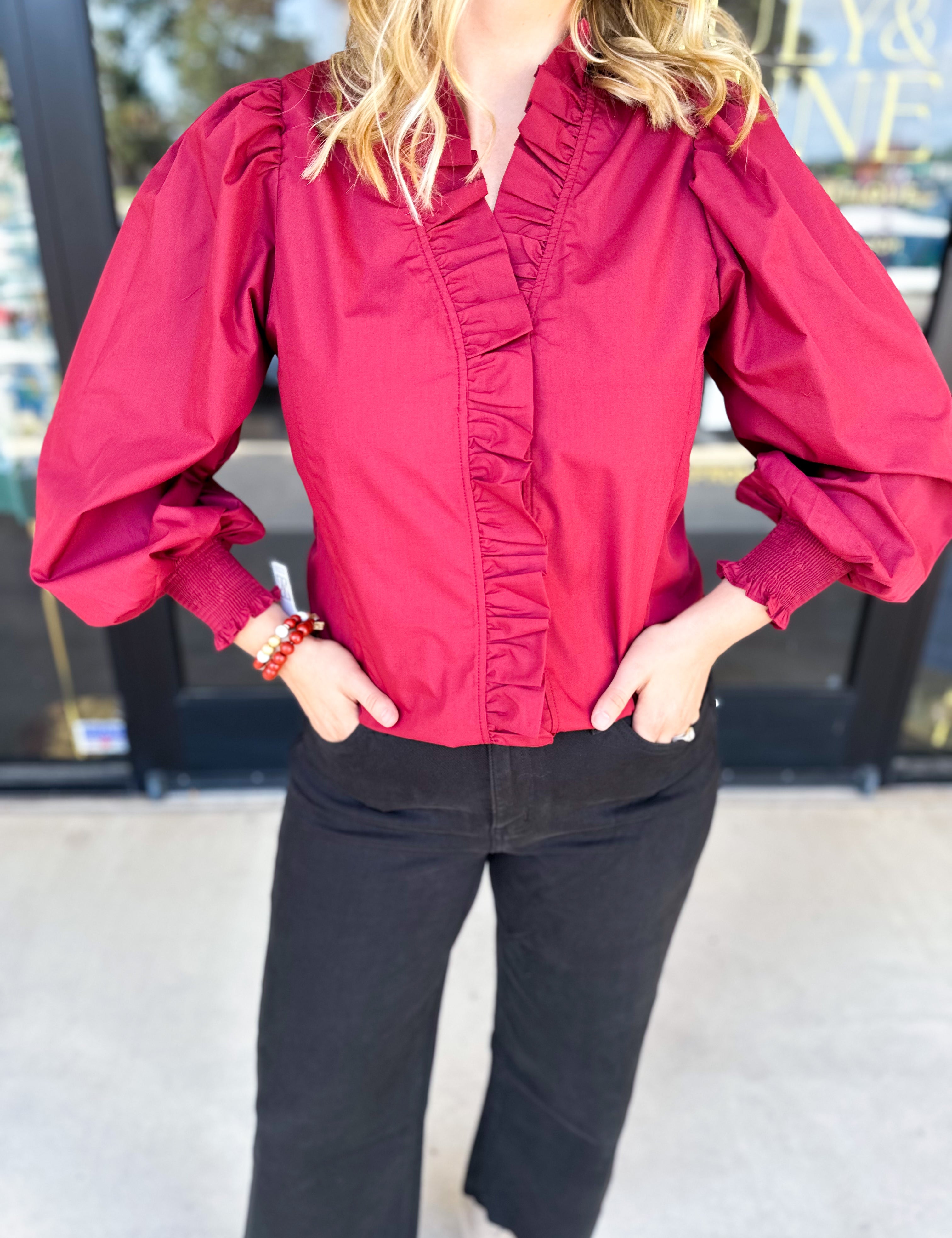 Burgundy Ruffle Blouse-200 Fashion Blouses-ENTRO-July & June Women's Fashion Boutique Located in San Antonio, Texas