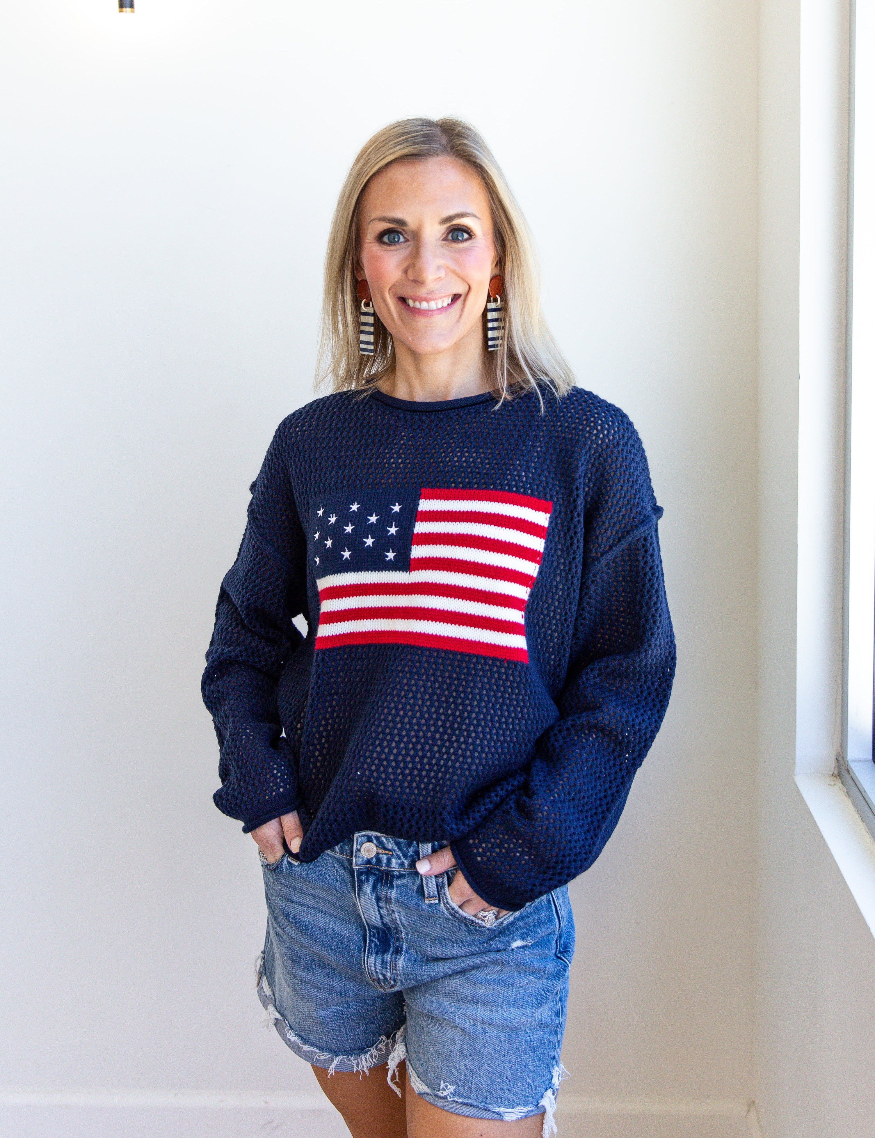 American Vintage Knit Sweater Top - Navy-230 Sweaters/Cardis-JODIFL-July & June Women's Fashion Boutique Located in San Antonio, Texas
