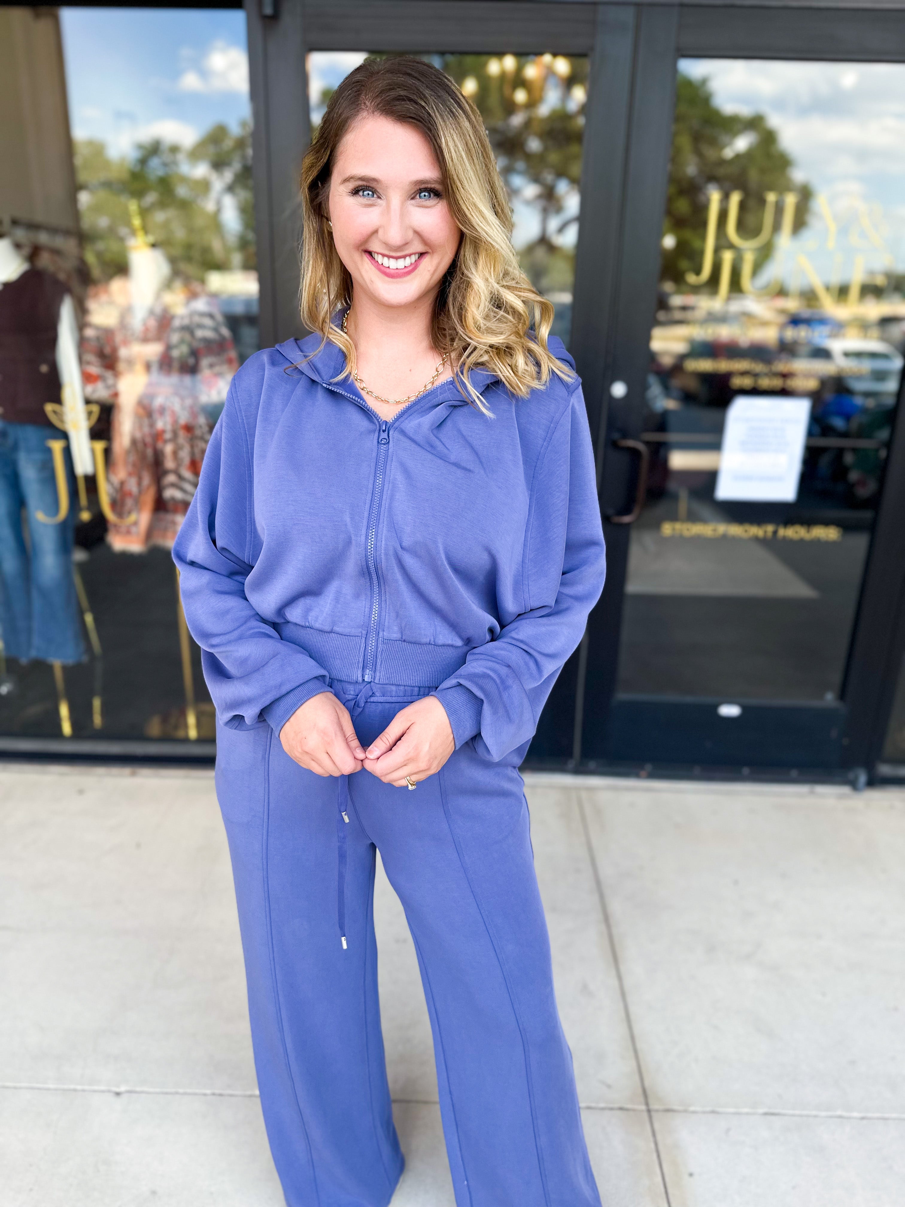 Soft Modal Hooded Jacket - Denim Blue-300 Athleisure/Lounge-SKIES ARE BLUE-July & June Women's Fashion Boutique Located in San Antonio, Texas