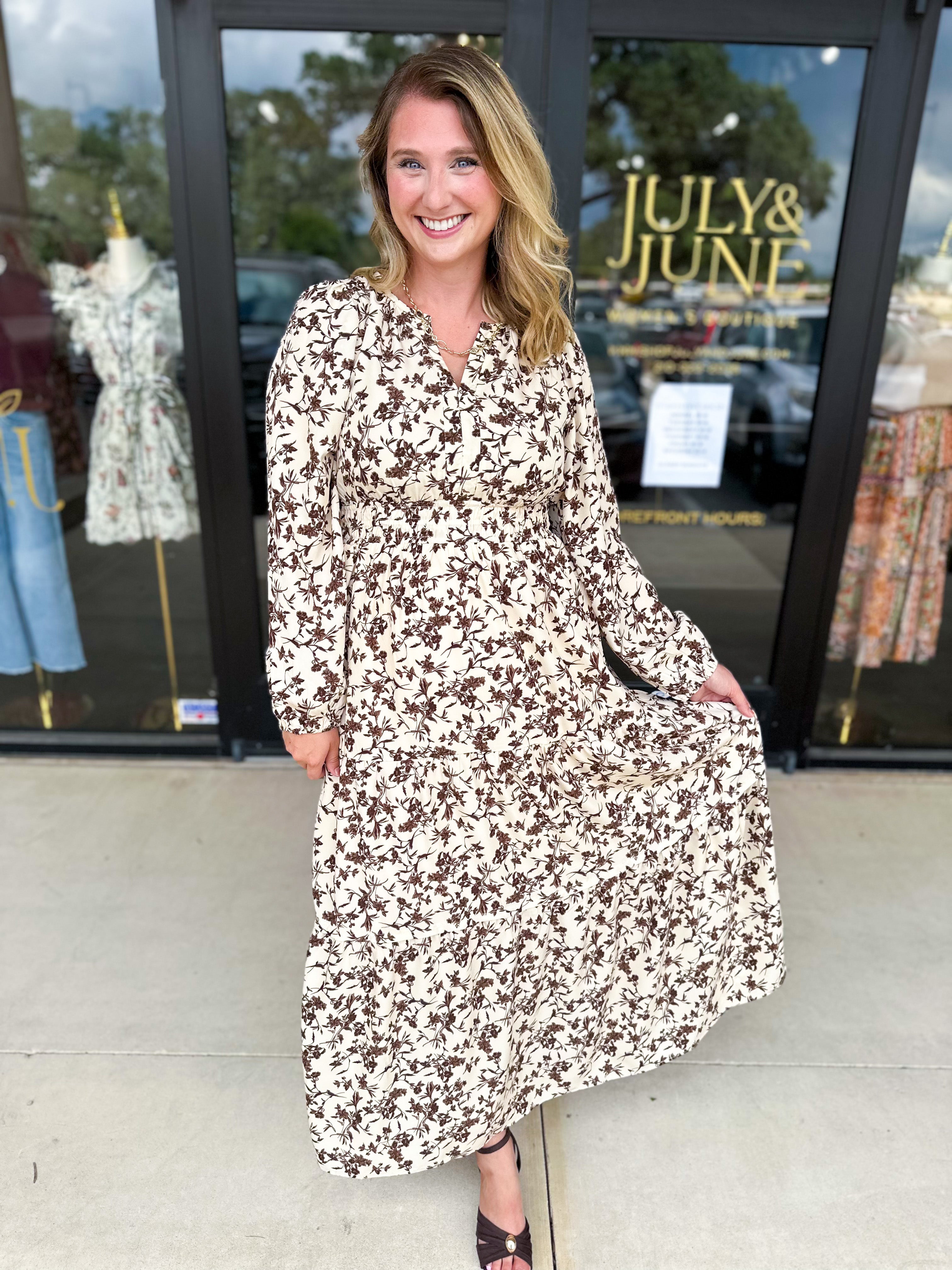 Fall Days Floral Midi Dress-500 Midi-POLOGRAM-July & June Women's Fashion Boutique Located in San Antonio, Texas