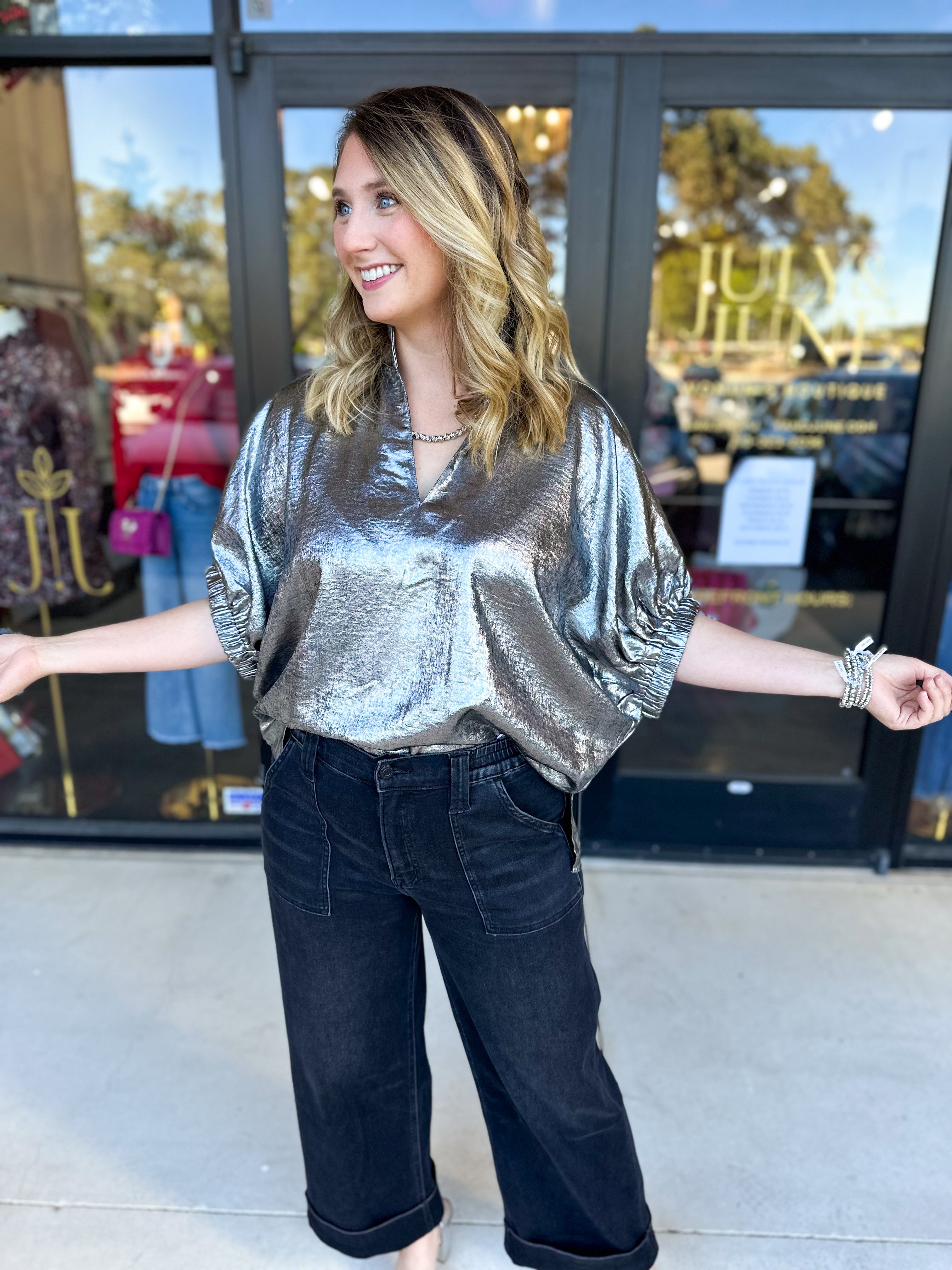 Celebration Blouse - Chrome-200 Fashion Blouses-ENTRO-July & June Women's Fashion Boutique Located in San Antonio, Texas