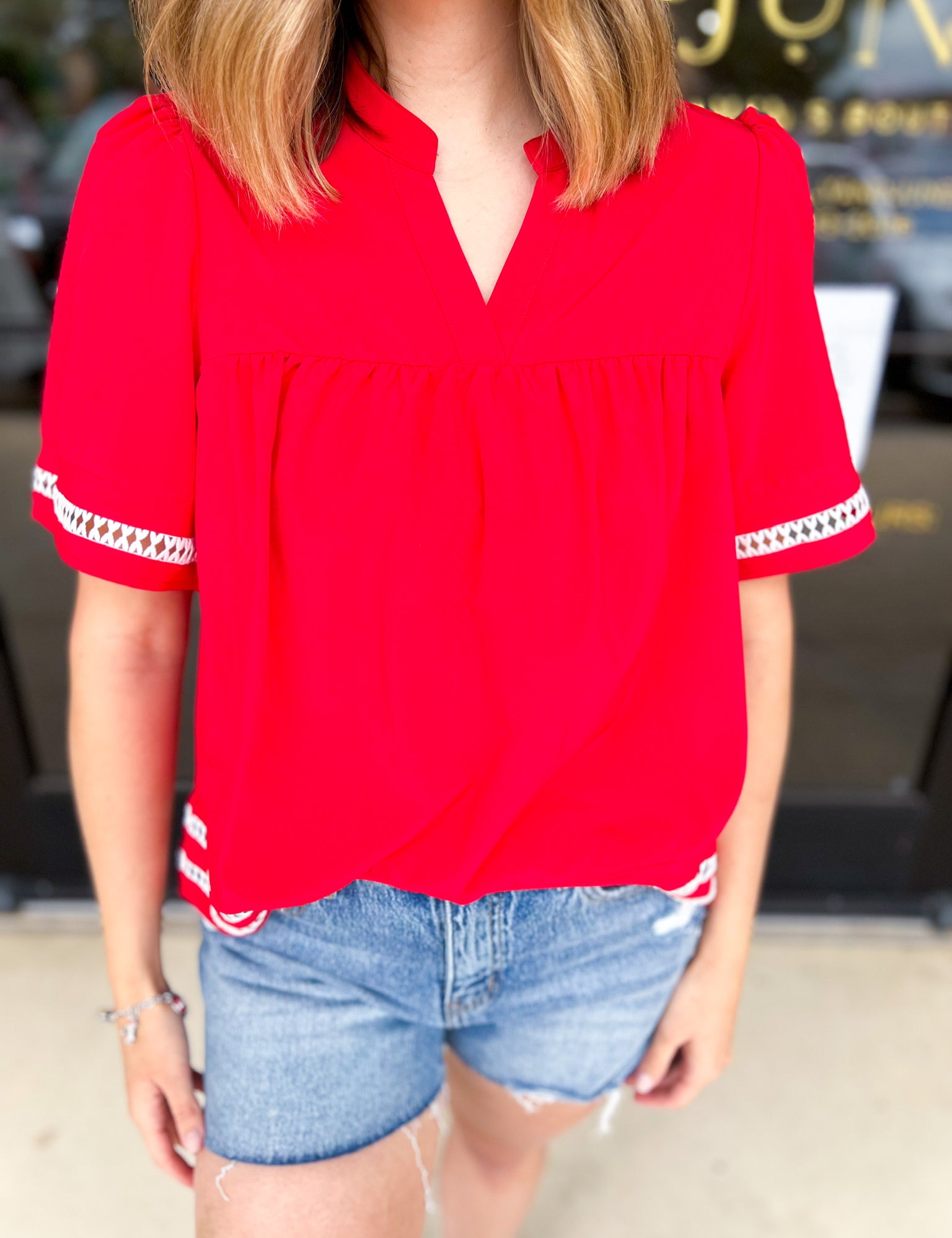 Mary Square - Jasmine Red Blouse-200 Fashion Blouses-MARY SQUARE-July & June Women's Fashion Boutique Located in San Antonio, Texas