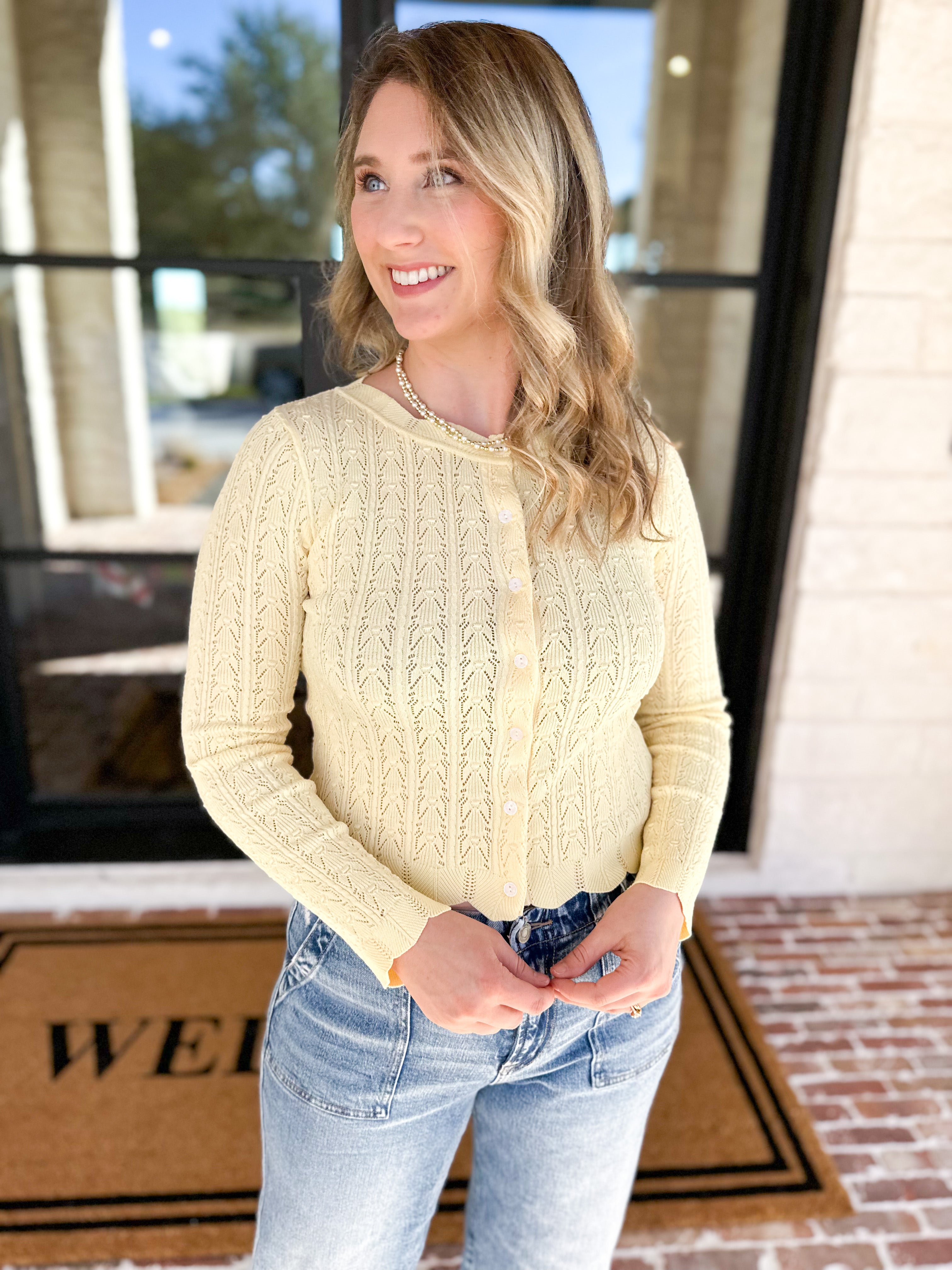 Pointelle Cardigan - Butter Yellow-230 Sweaters/Cardis-ALLIE ROSE-July & June Women's Fashion Boutique Located in San Antonio, Texas
