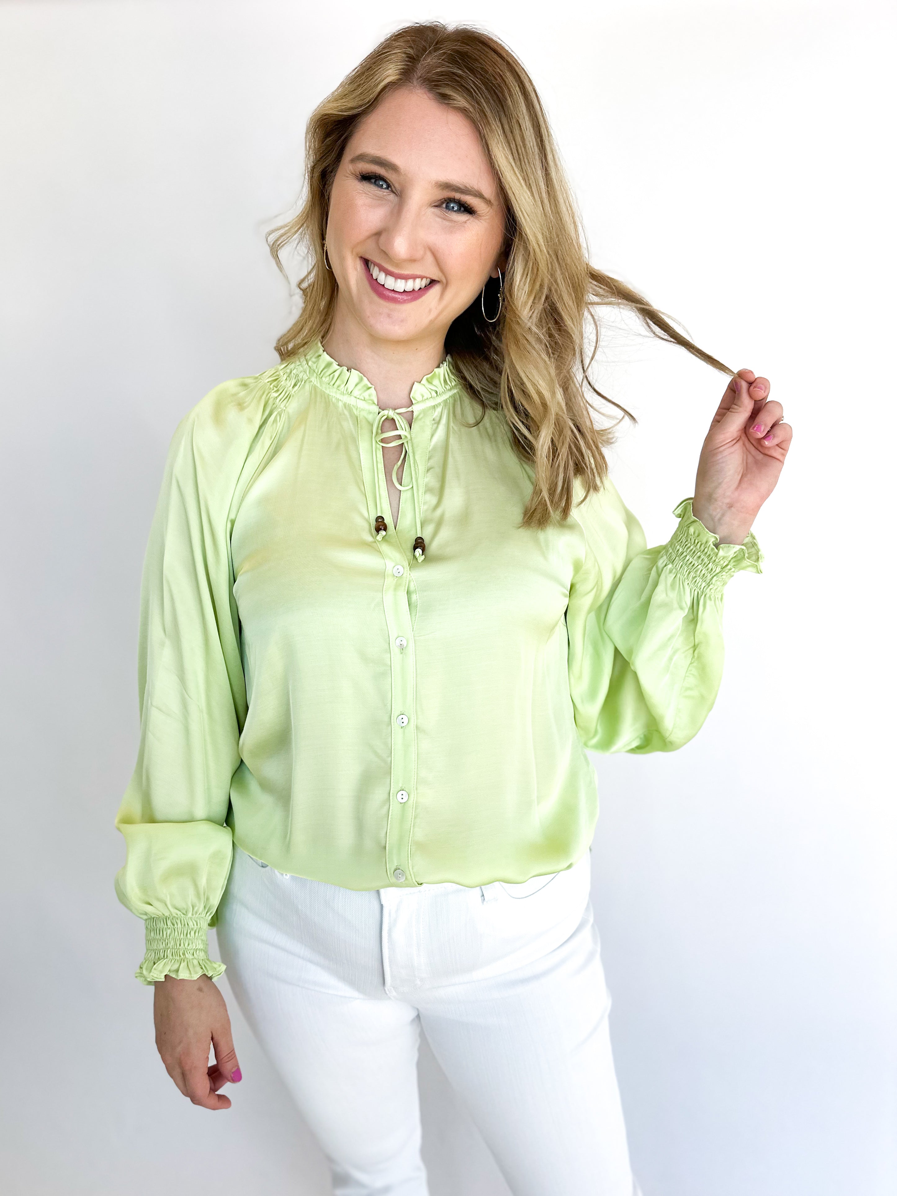 Pastel Satin Blouse - Lime-200 Fashion Blouses-OLIVACEOUS-July & June Women's Fashion Boutique Located in San Antonio, Texas