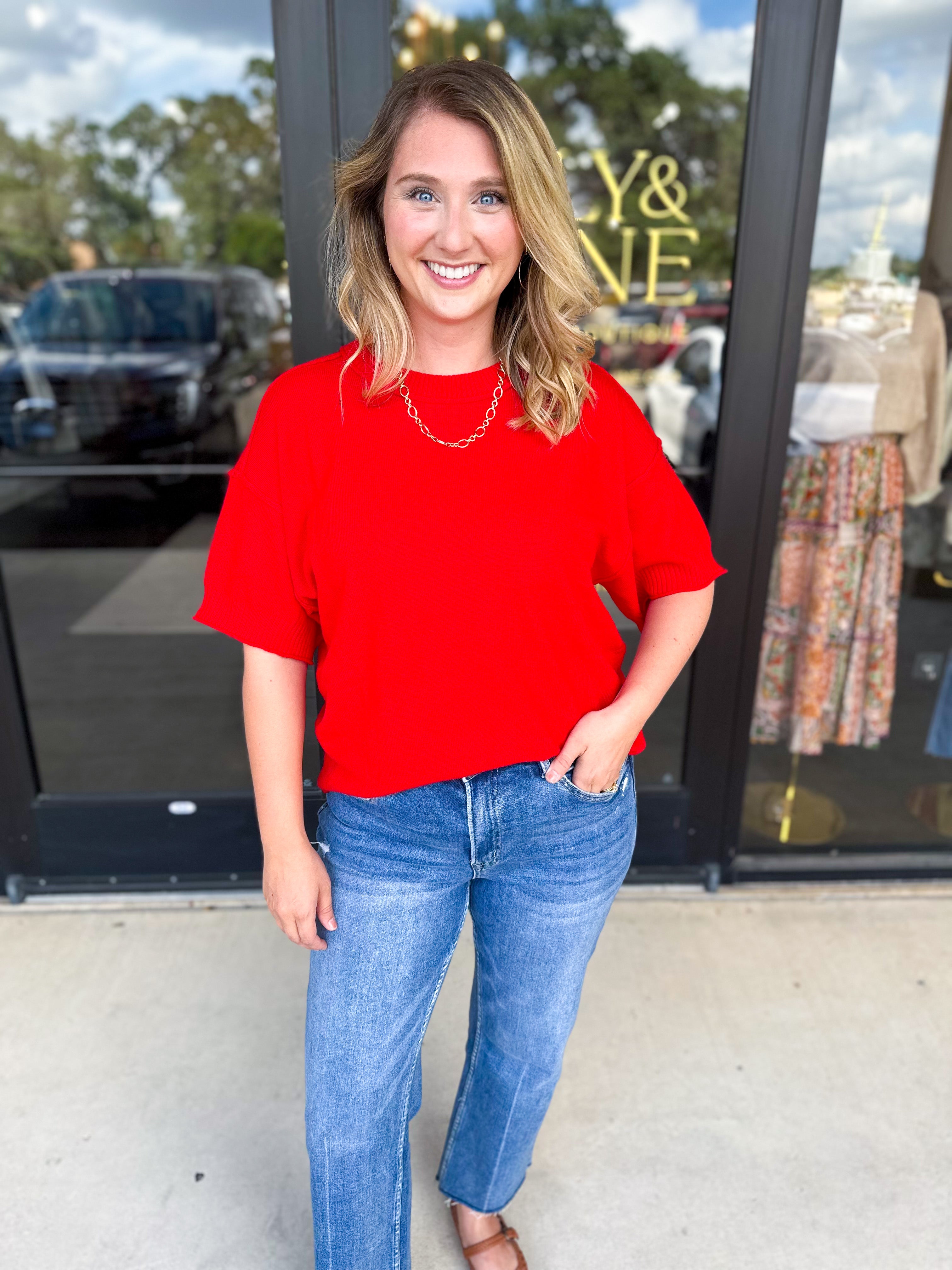The Ella Knit Sweater Top - Red-230 Sweaters/Cardis-JODIFL-July & June Women's Fashion Boutique Located in San Antonio, Texas