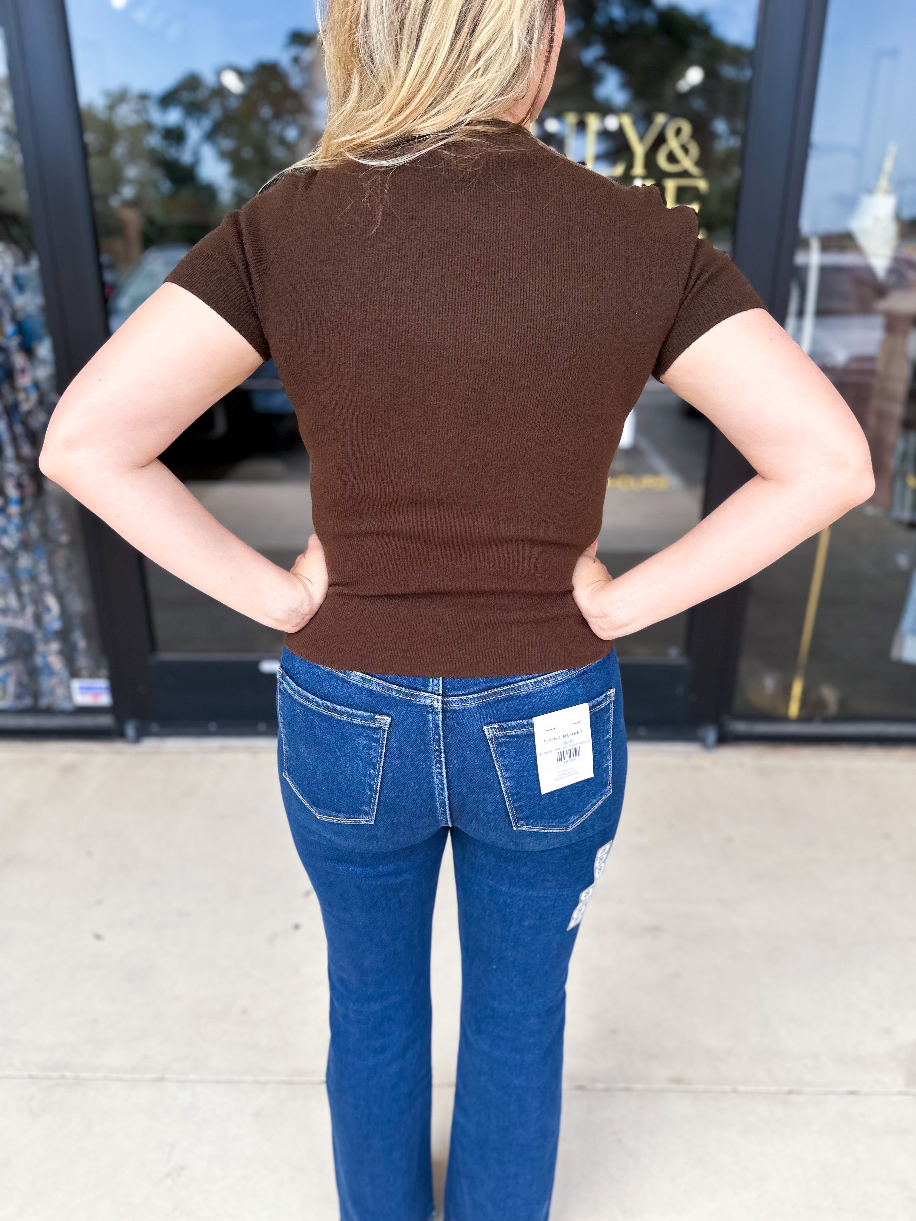 Chic Comfy Mock Neck Top - Chocolate-210 Casual Blouses-SKIES ARE BLUE-July & June Women's Fashion Boutique Located in San Antonio, Texas