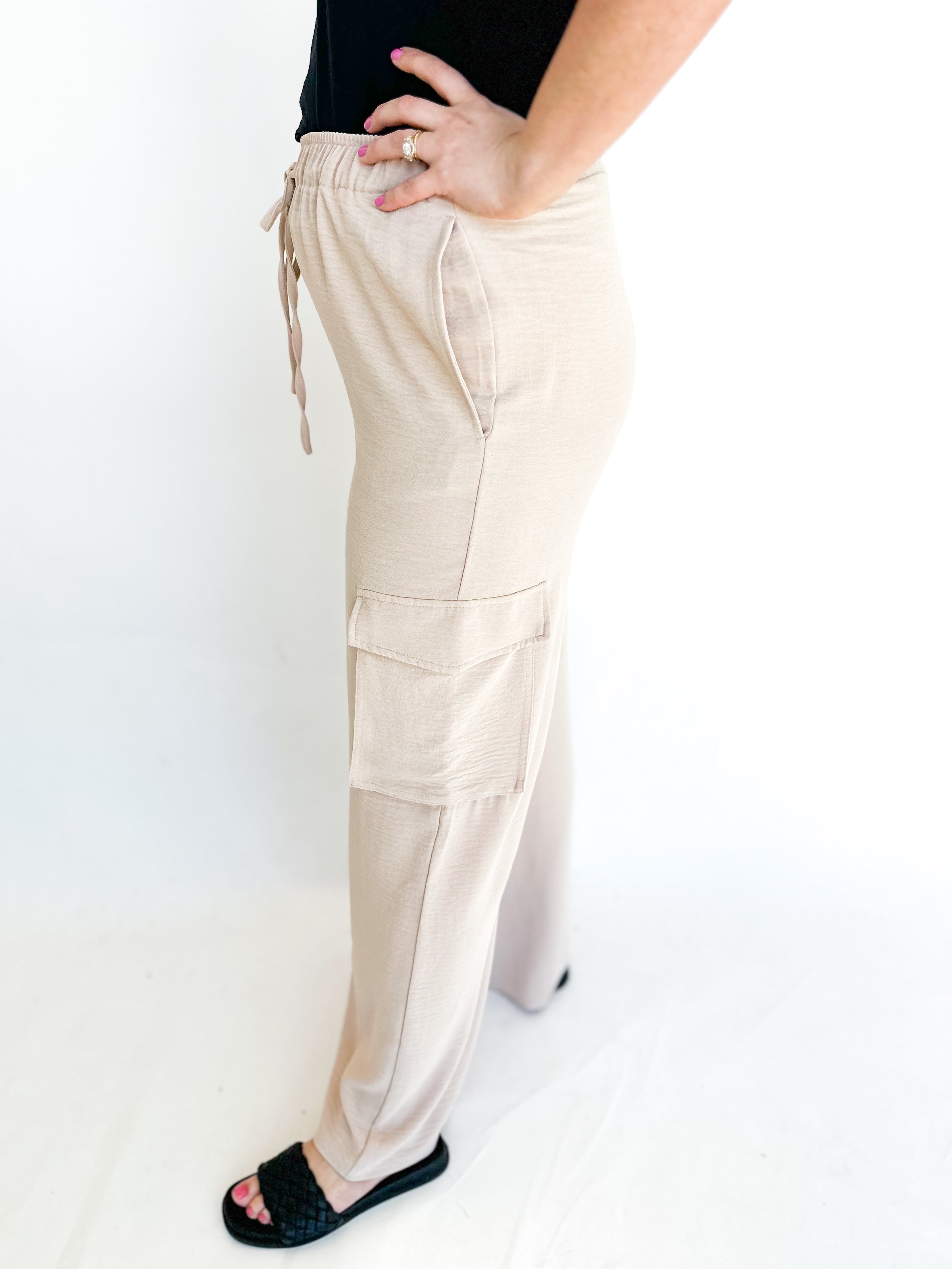 Chic & Flowy Cargo Pants - Sand-400 Pants-ENTRO-July & June Women's Fashion Boutique Located in San Antonio, Texas