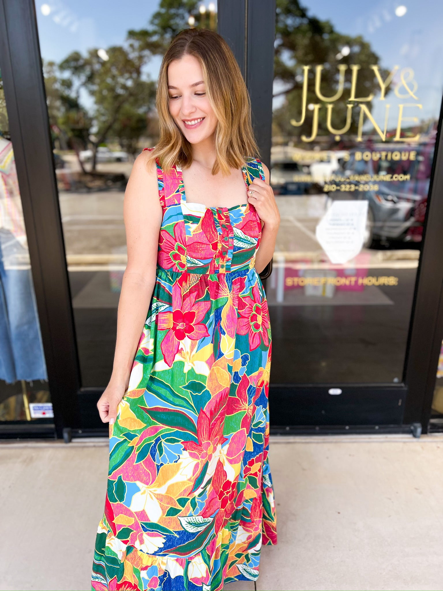 Bold Blooms Midi Dress-500 Midi-SKIES ARE BLUE-July & June Women's Fashion Boutique Located in San Antonio, Texas