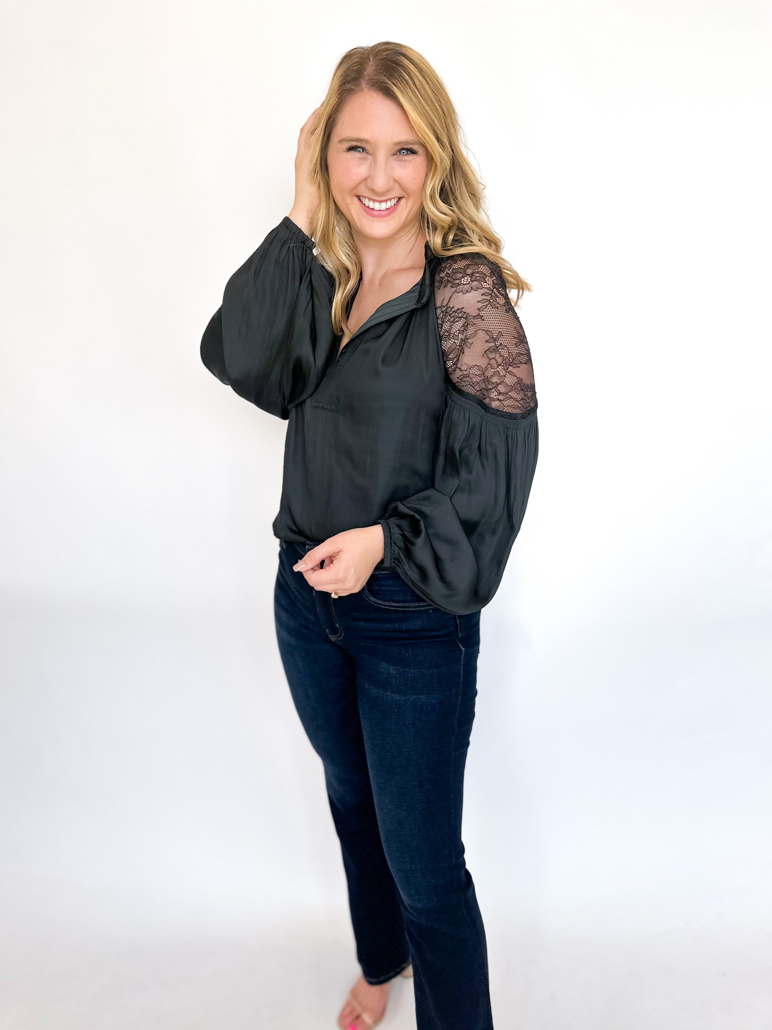 Lace Shoulder Blouse- Black-200 Fashion Blouses-CURRENT AIR CLOTHING-July & June Women's Fashion Boutique Located in San Antonio, Texas