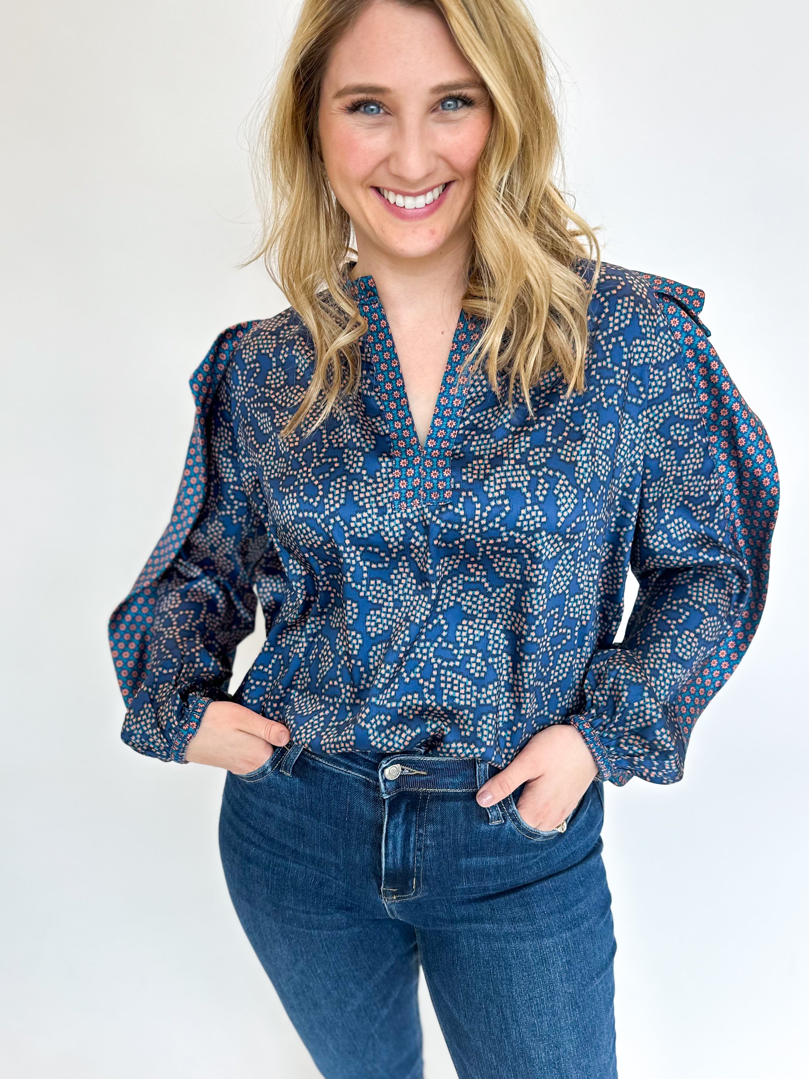 Navy Garden Blouse-200 Fashion Blouses-CURRENT AIR CLOTHING-July & June Women's Fashion Boutique Located in San Antonio, Texas