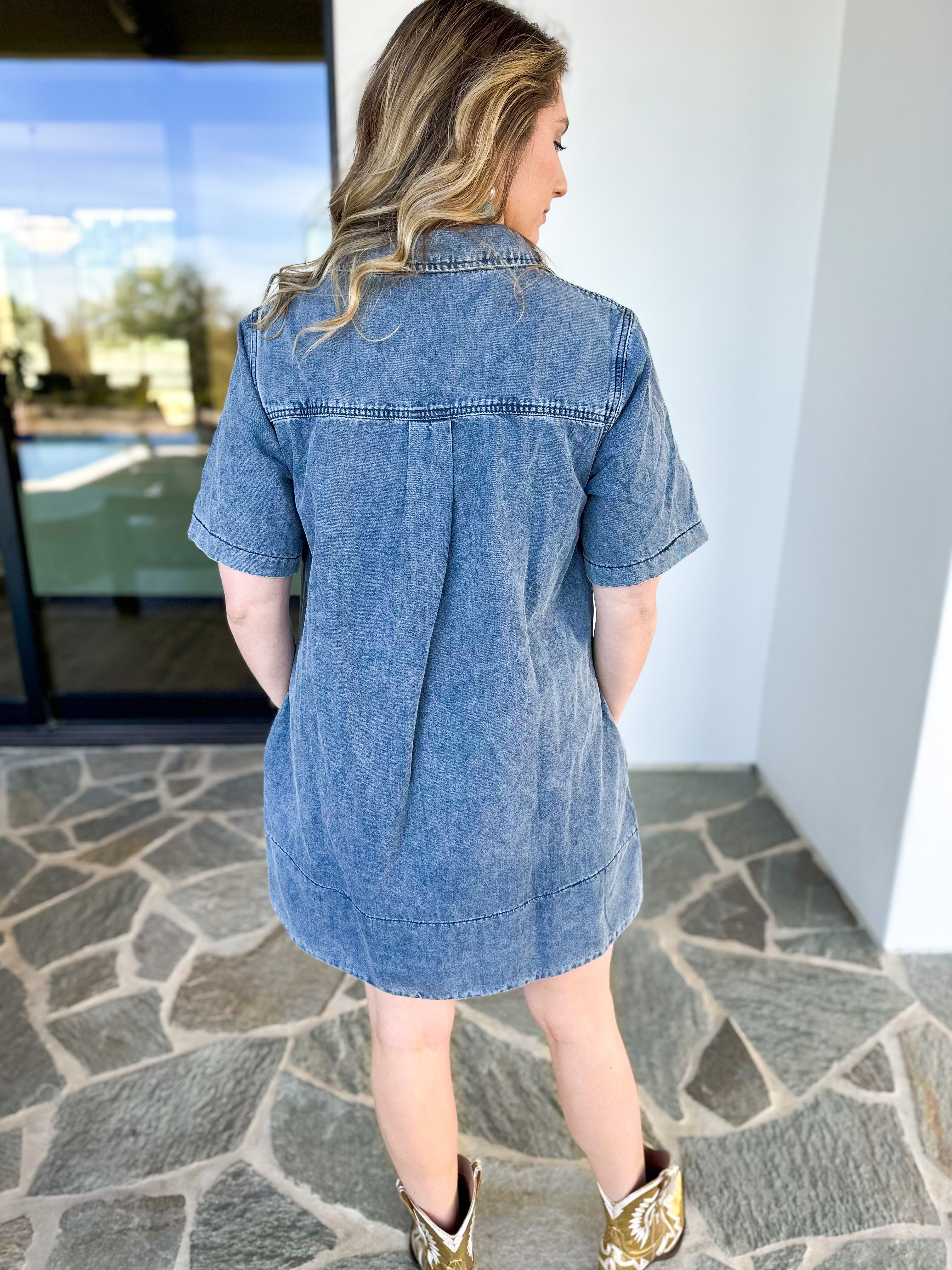 Vintage Wash Denim Mini Dress-510 Mini-IN FEBRUARY-July & June Women's Fashion Boutique Located in San Antonio, Texas