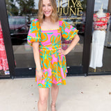 Bold Print Pink & Orange Mini Dress-510 Mini-PEACH LOVE-July & June Women's Fashion Boutique Located in San Antonio, Texas