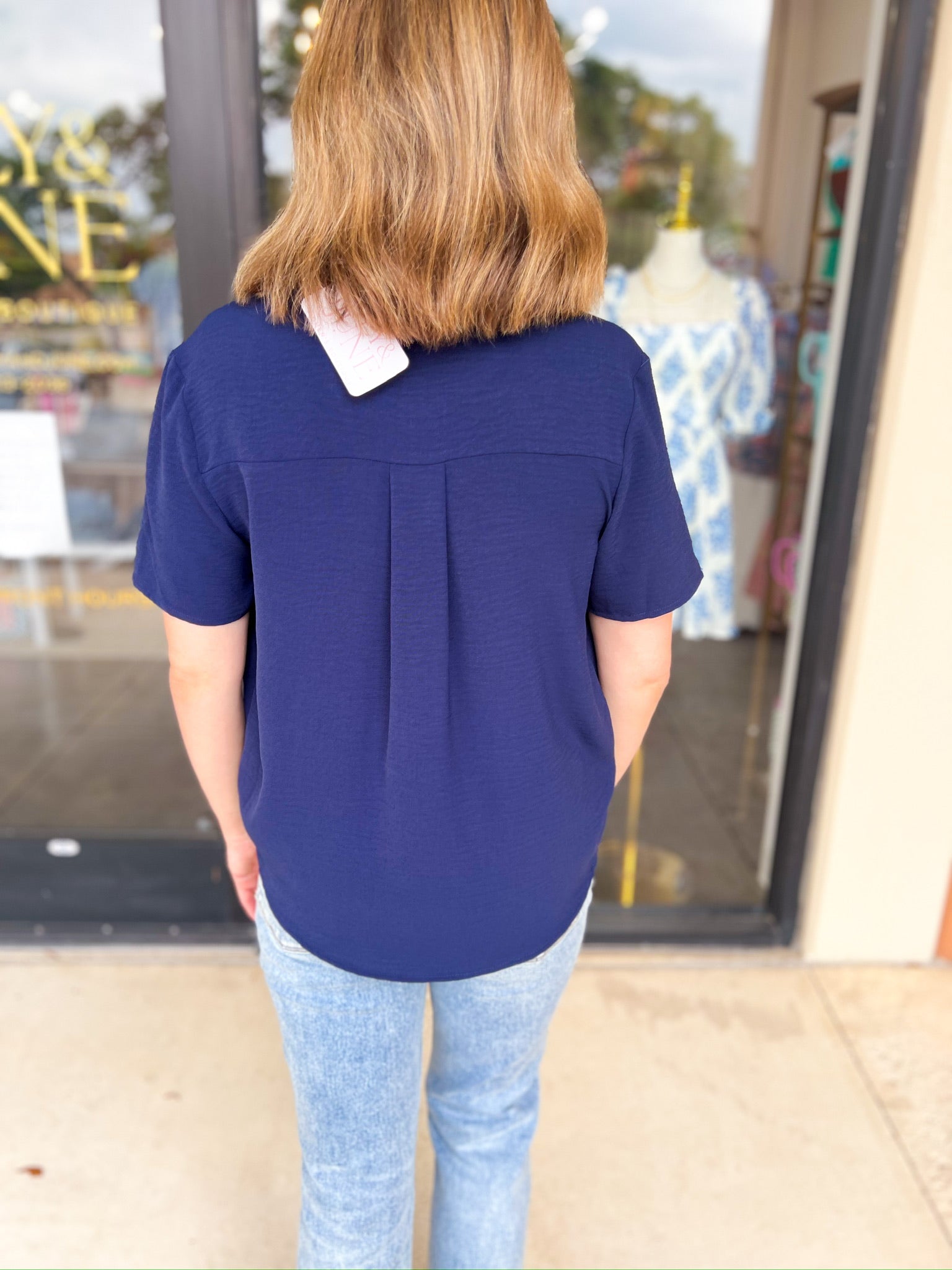 Classic V-Neck Blouse - Navy-200 Fashion Blouses-ENTRO-July & June Women's Fashion Boutique Located in San Antonio, Texas