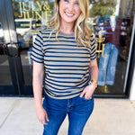 Striped Round Neck Tee - Olive-210 Casual Blouses-POLOGRAM-July & June Women's Fashion Boutique Located in San Antonio, Texas