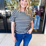 Striped Round Neck Tee - Olive-210 Casual Blouses-POLOGRAM-July & June Women's Fashion Boutique Located in San Antonio, Texas