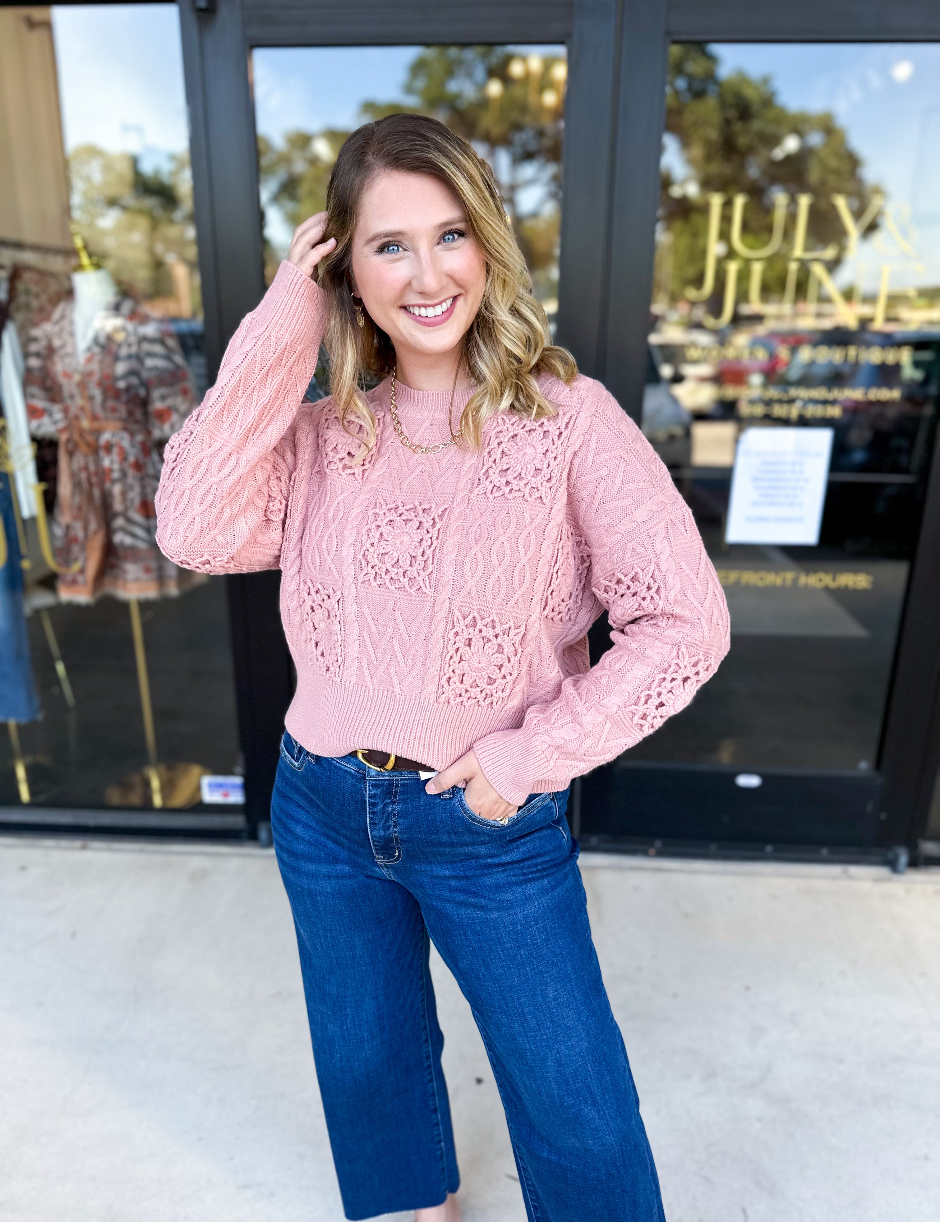 Blush Crochet Sweater-230 Sweaters/Cardis-LISTICLE-July & June Women's Fashion Boutique Located in San Antonio, Texas