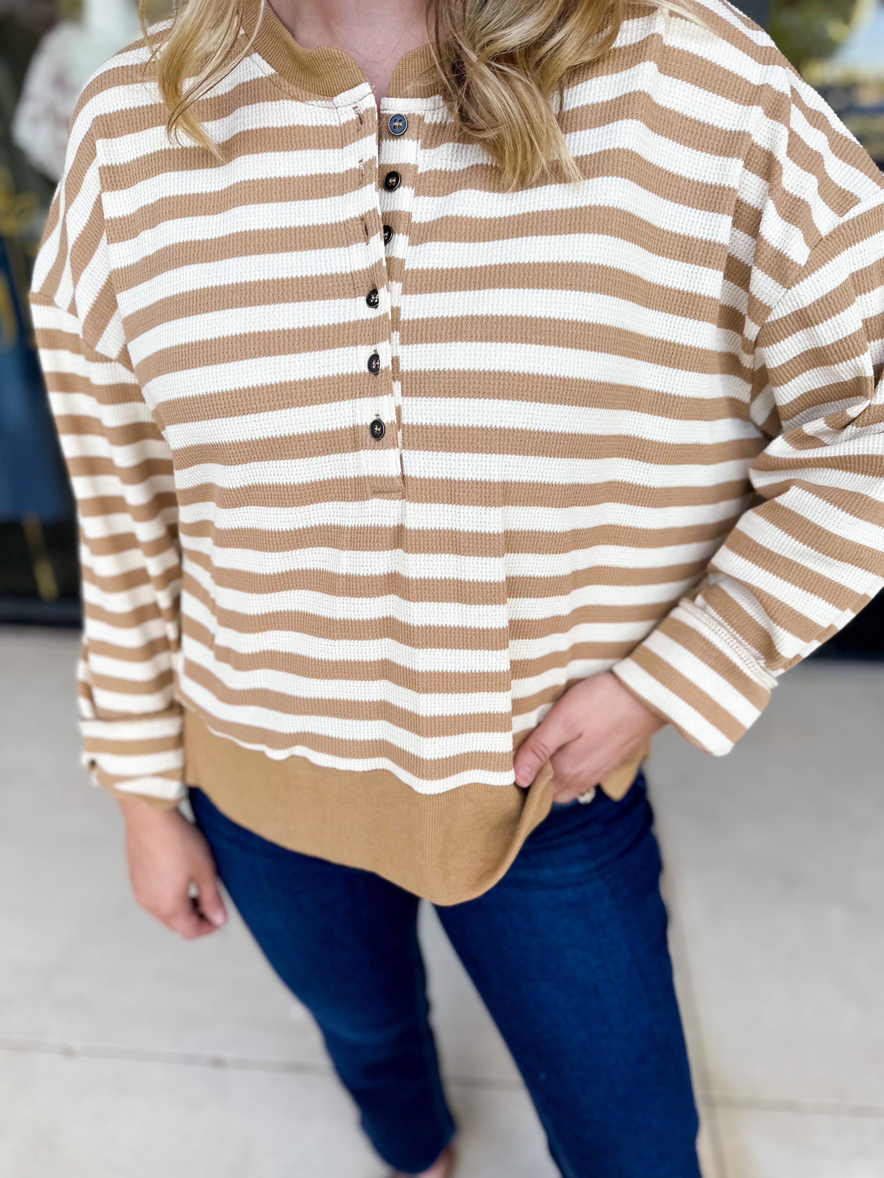 Casual Cool Henley Long Sleeve - Tan-210 Casual Blouses-POLOGRAM-July & June Women's Fashion Boutique Located in San Antonio, Texas