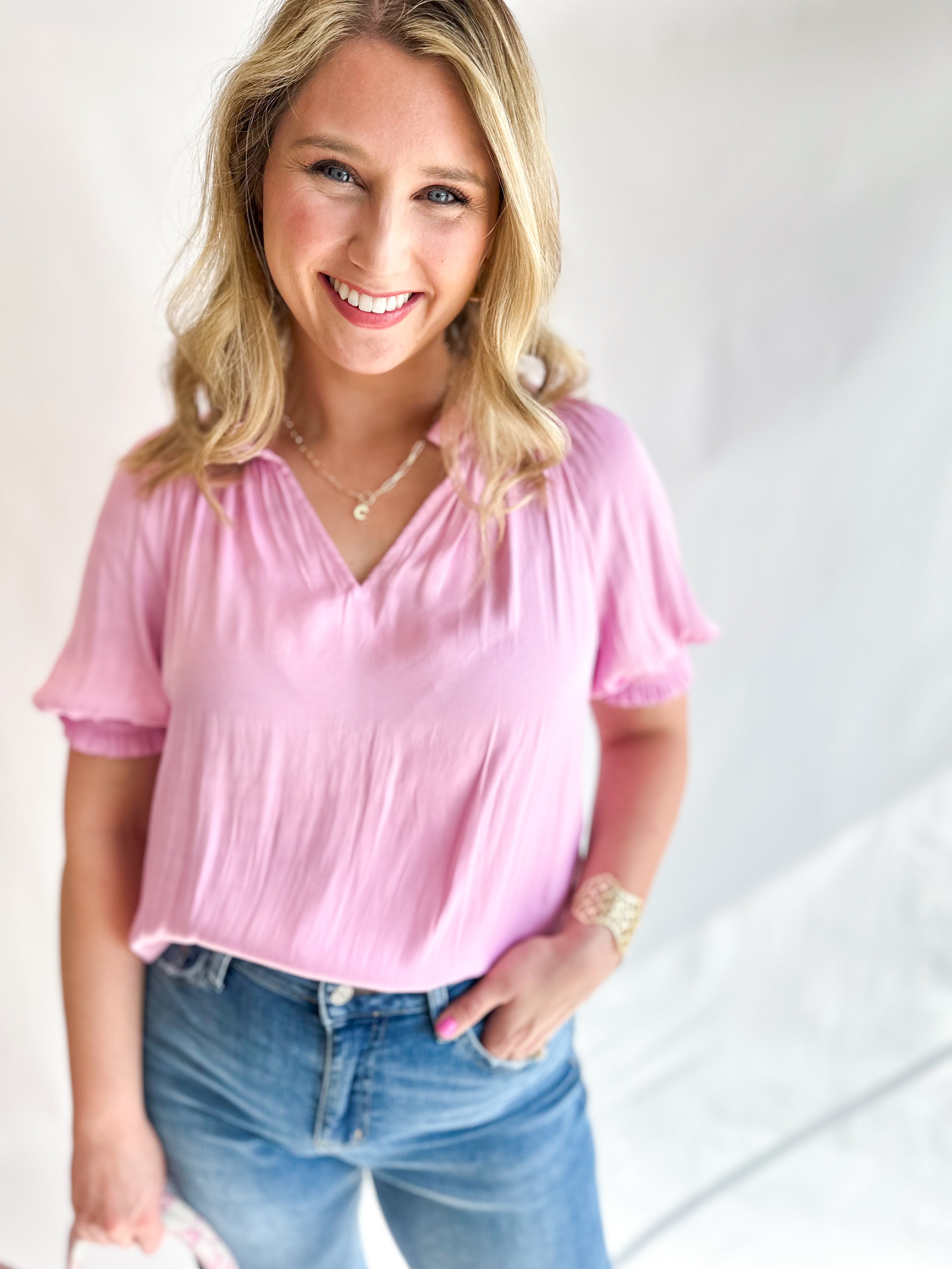 Pastel Pink Blouse-200 Fashion Blouses-CURRENT AIR CLOTHING-July & June Women's Fashion Boutique Located in San Antonio, Texas