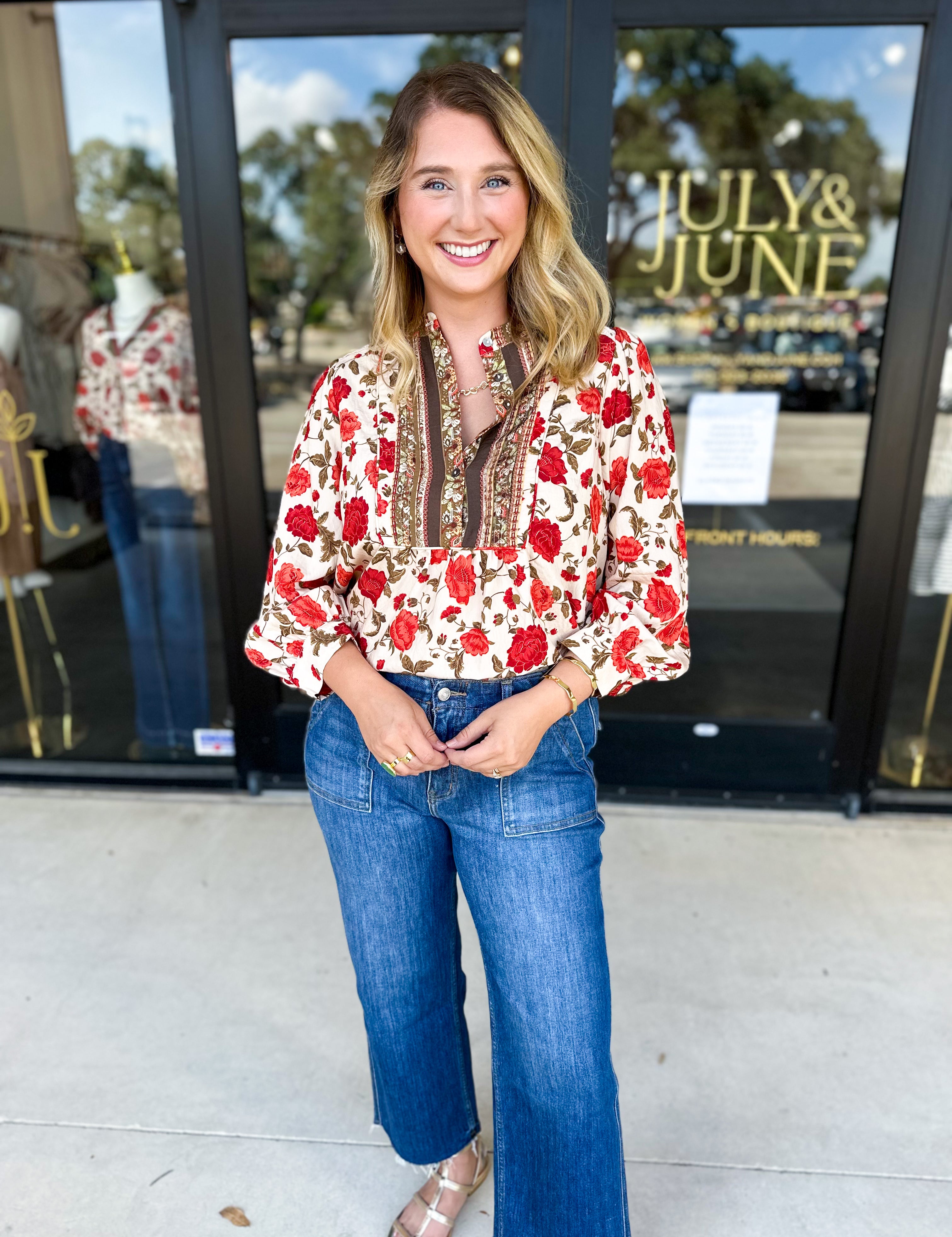 Autumn Floral Blouse-200 Fashion Blouses-ENTRO-July & June Women's Fashion Boutique Located in San Antonio, Texas