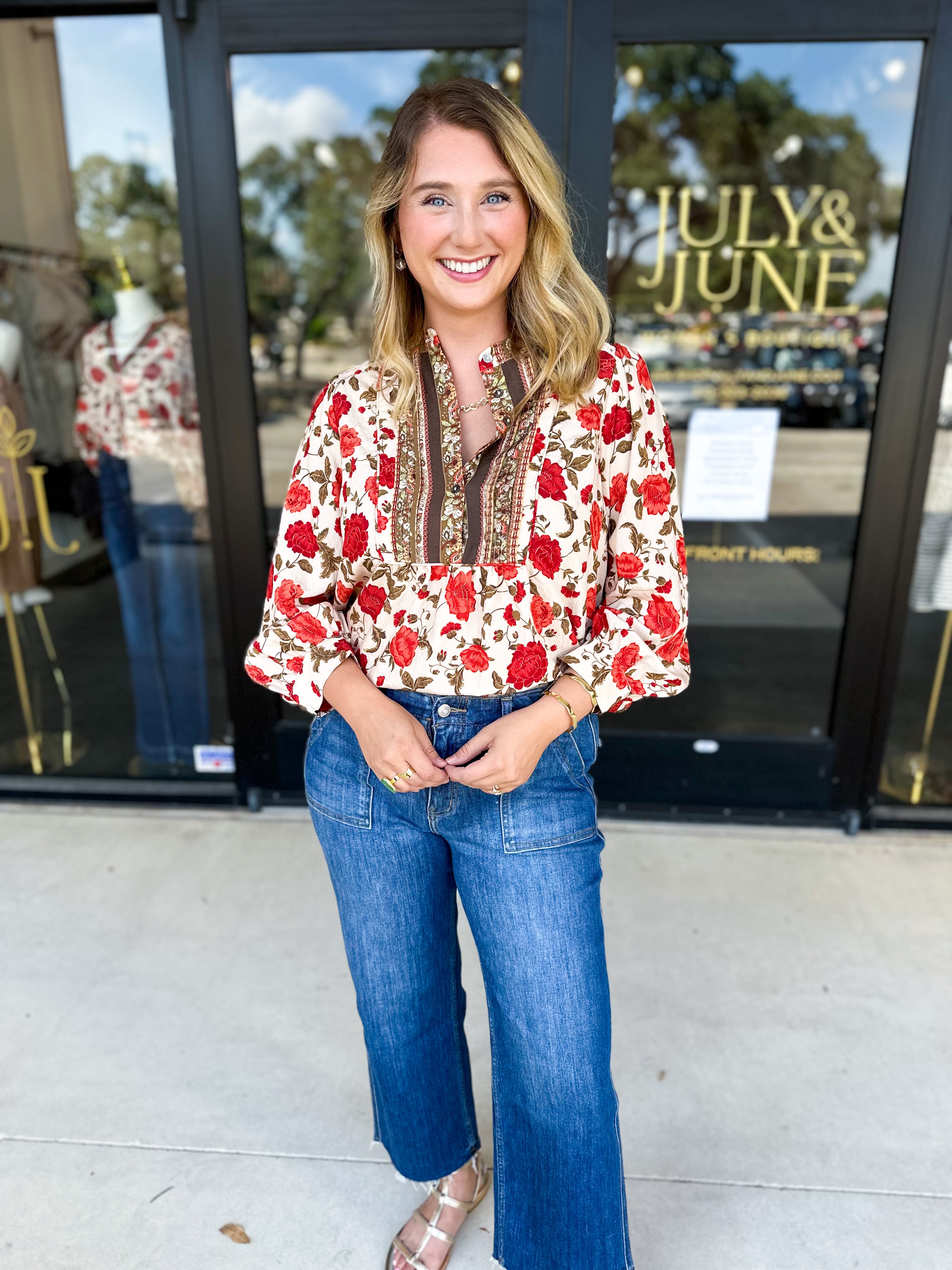 Autumn Floral Blouse-200 Fashion Blouses-ENTRO-July & June Women's Fashion Boutique Located in San Antonio, Texas