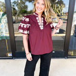 Maroon Embroidered Blouse-200 Fashion Blouses-ENTRO-July & June Women's Fashion Boutique Located in San Antonio, Texas