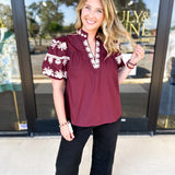 Maroon Embroidered Blouse-200 Fashion Blouses-ENTRO-July & June Women's Fashion Boutique Located in San Antonio, Texas