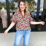 Burgundy & Olive Floral Blouse-200 Fashion Blouses-ENTRO-July & June Women's Fashion Boutique Located in San Antonio, Texas