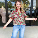 Burgundy & Olive Floral Blouse-200 Fashion Blouses-ENTRO-July & June Women's Fashion Boutique Located in San Antonio, Texas