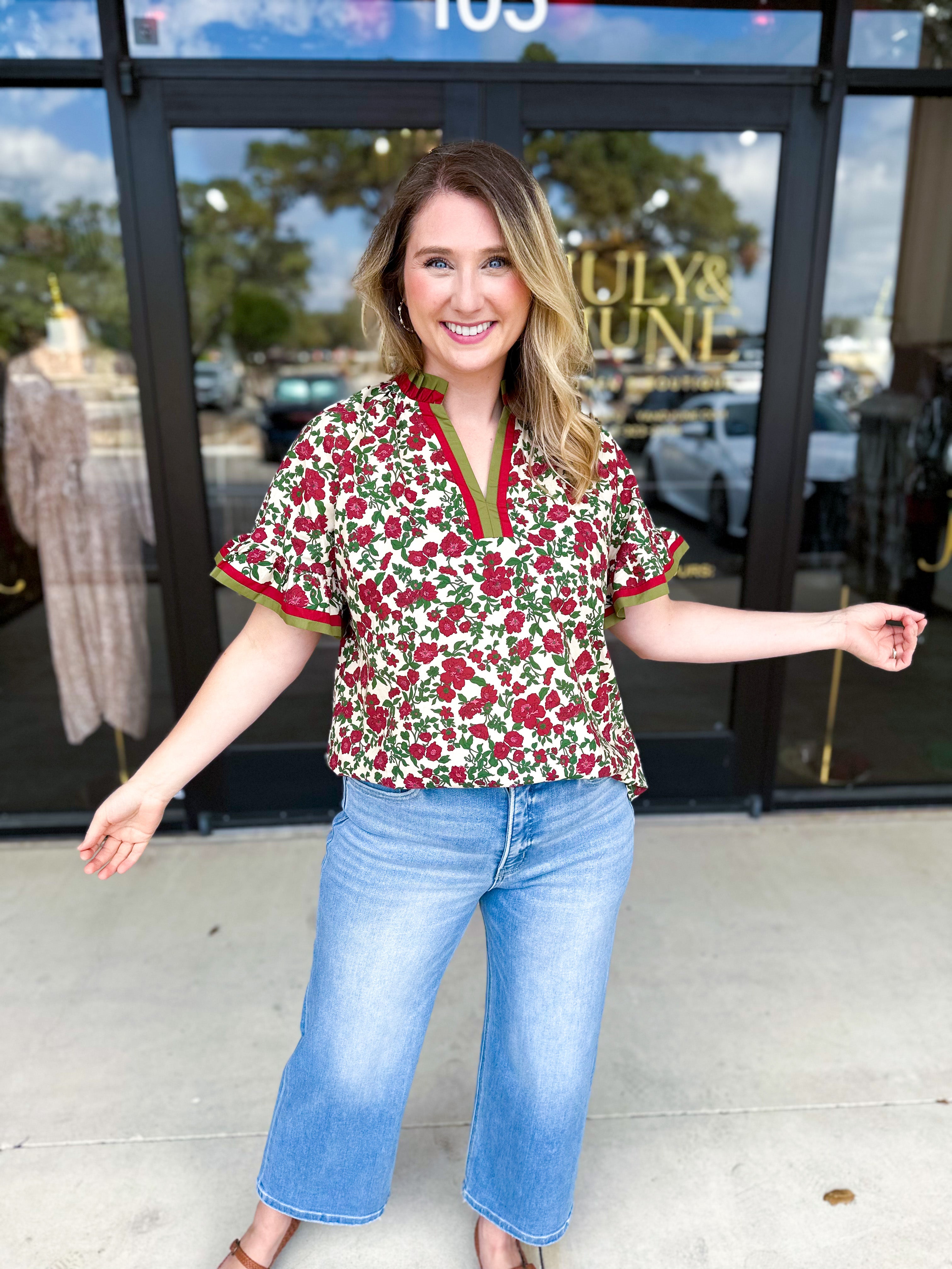 Burgundy & Olive Floral Blouse-200 Fashion Blouses-ENTRO-July & June Women's Fashion Boutique Located in San Antonio, Texas