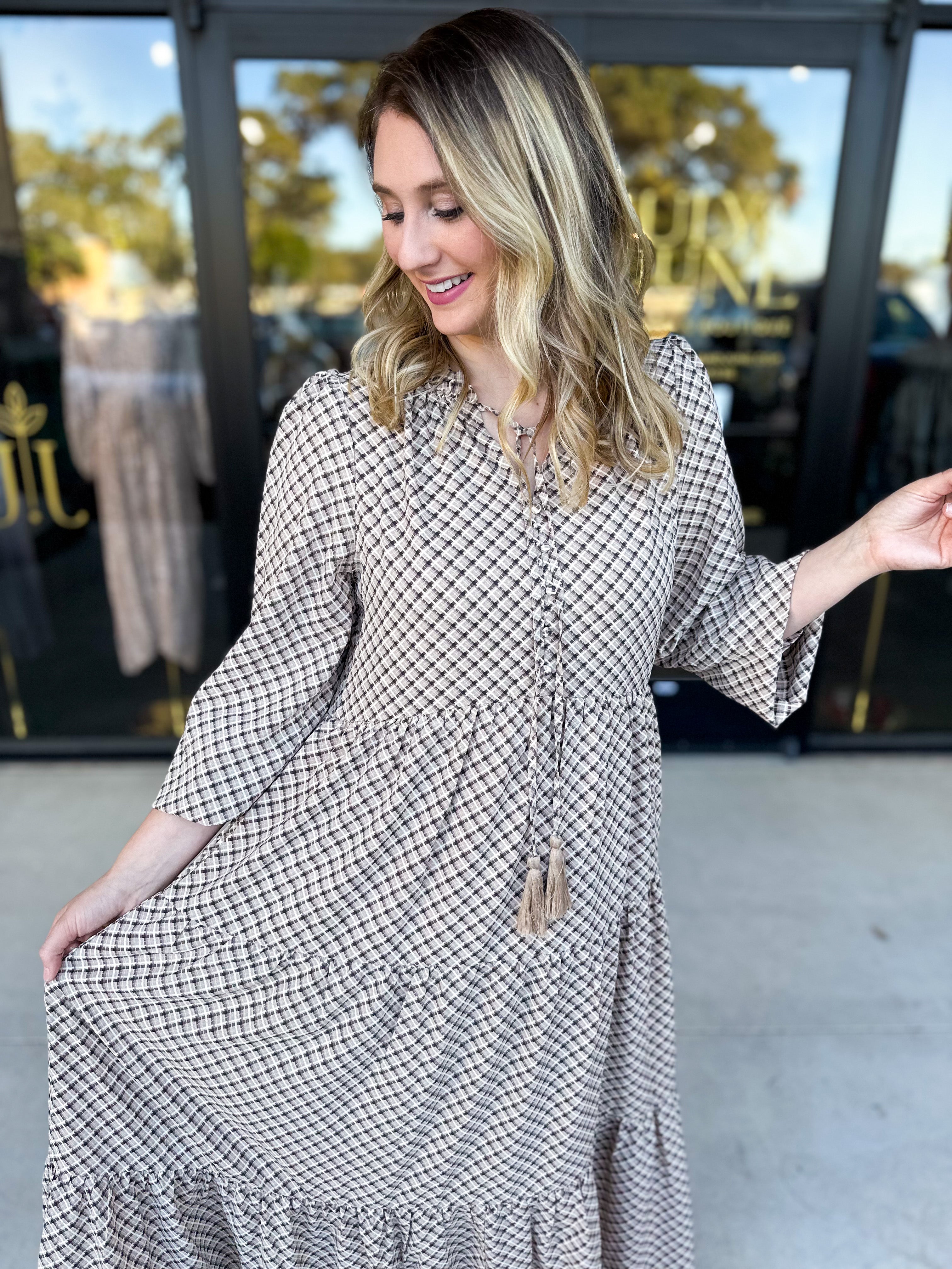 Taupe & Black Midi Dress-500 Midi-POLOGRAM-July & June Women's Fashion Boutique Located in San Antonio, Texas