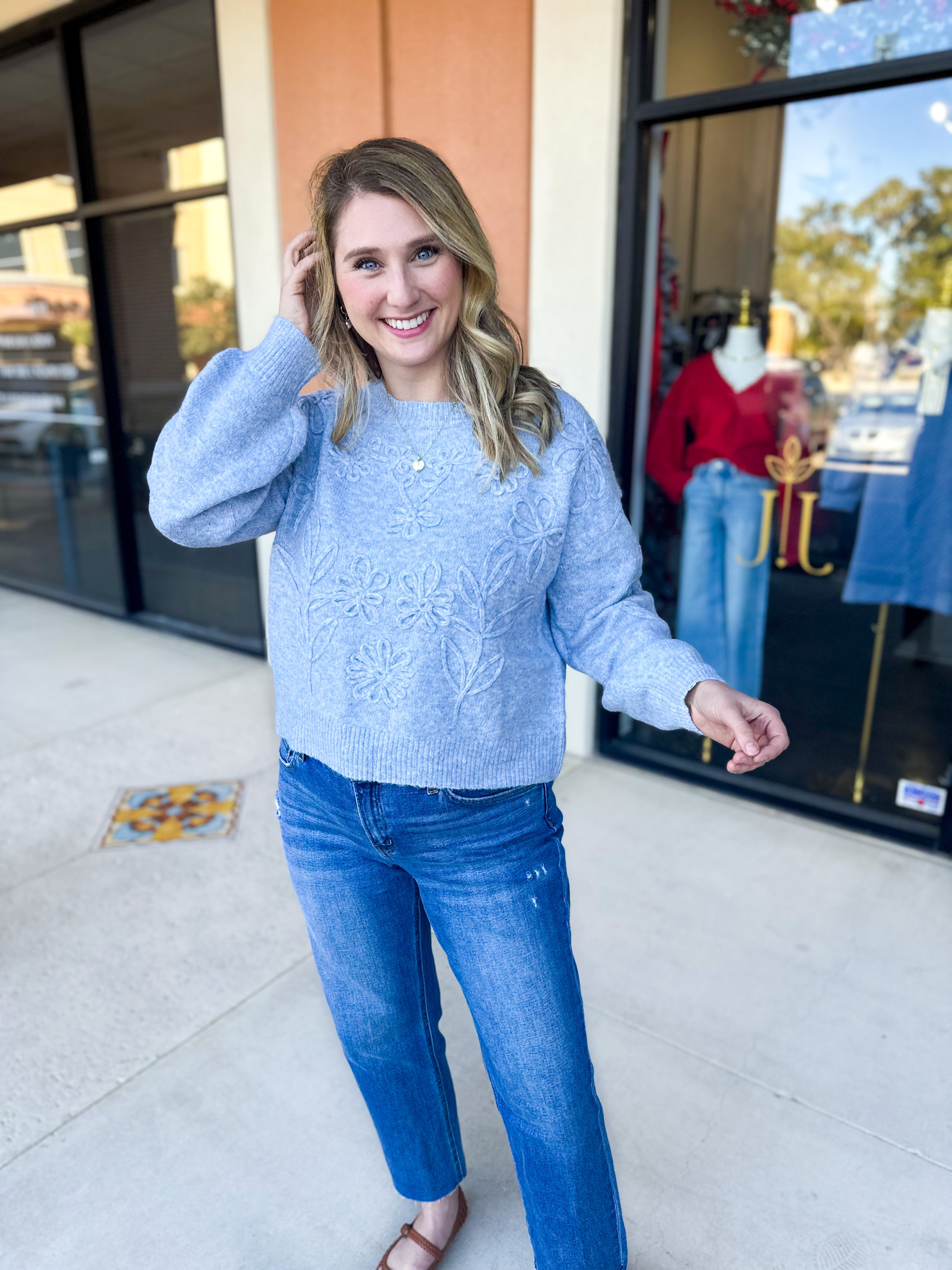 Heather Blue Floral Sweater-230 Sweaters/Cardis-ALLIE ROSE-July & June Women's Fashion Boutique Located in San Antonio, Texas