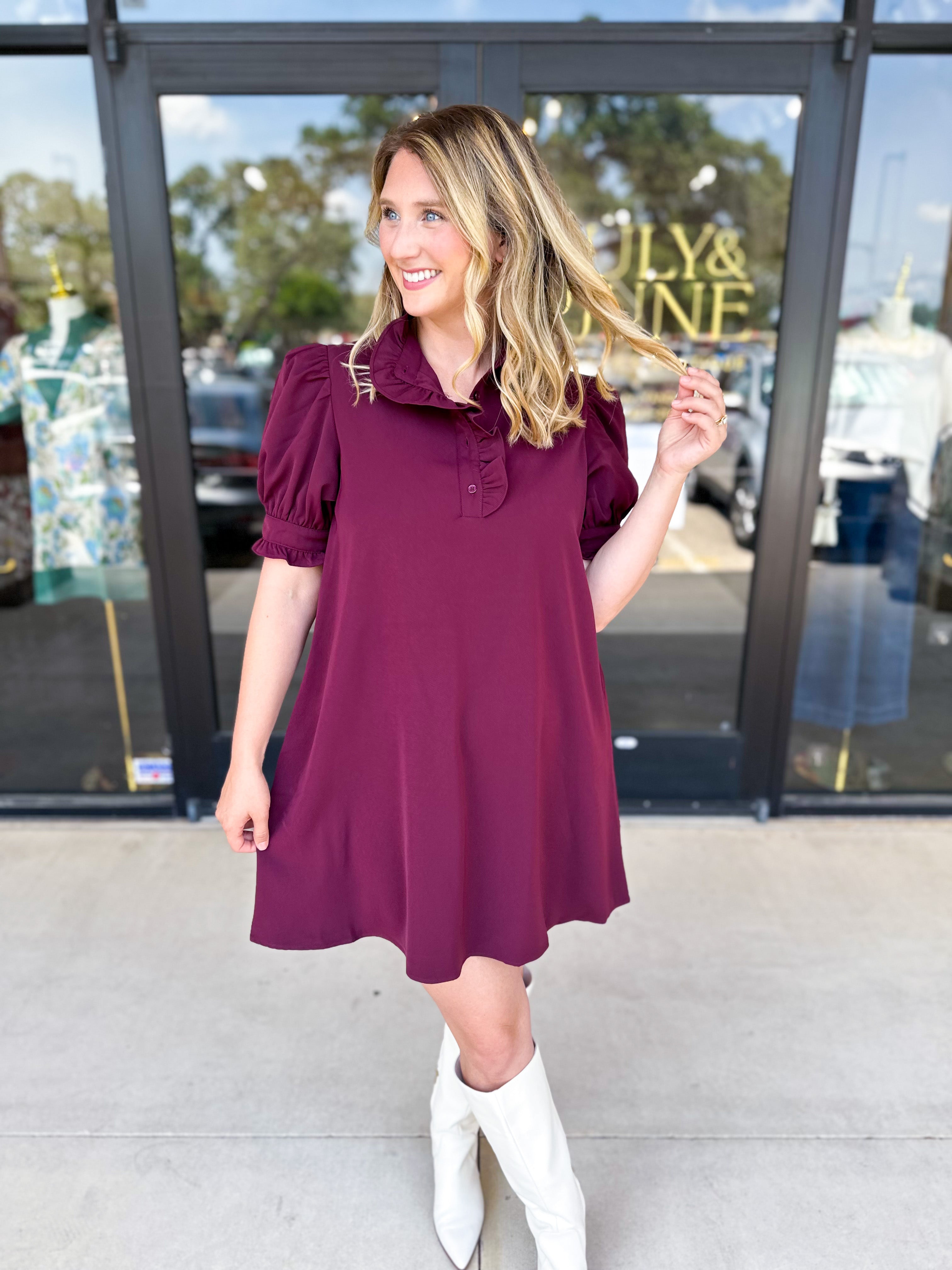 Maroon Ruffle Mini Dress-510 Mini-ENTRO-July & June Women's Fashion Boutique Located in San Antonio, Texas