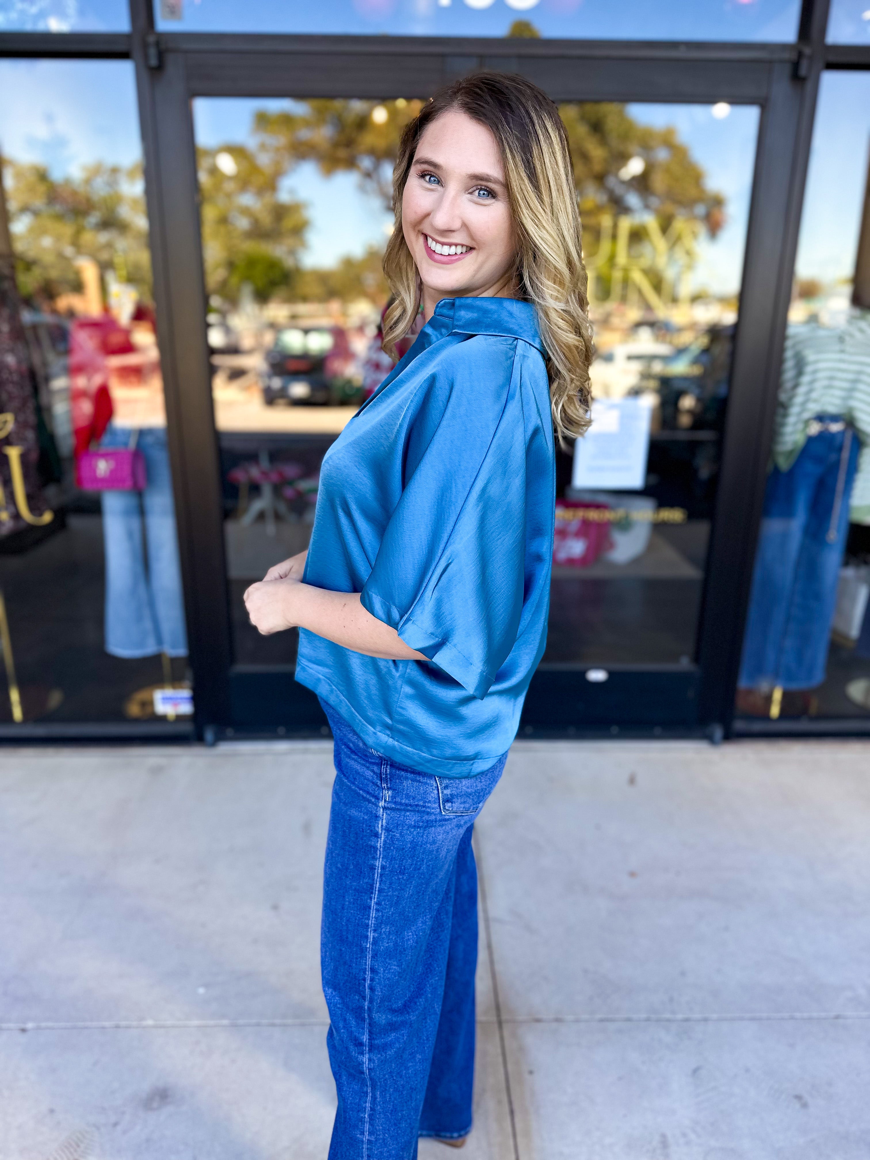 Pink Friday Doorbuster - Classic Satin Blouse - Blue - ONLINE-PINK FRIDAY DOORBUSTERS-GLAM-July & June Women's Fashion Boutique Located in San Antonio, Texas