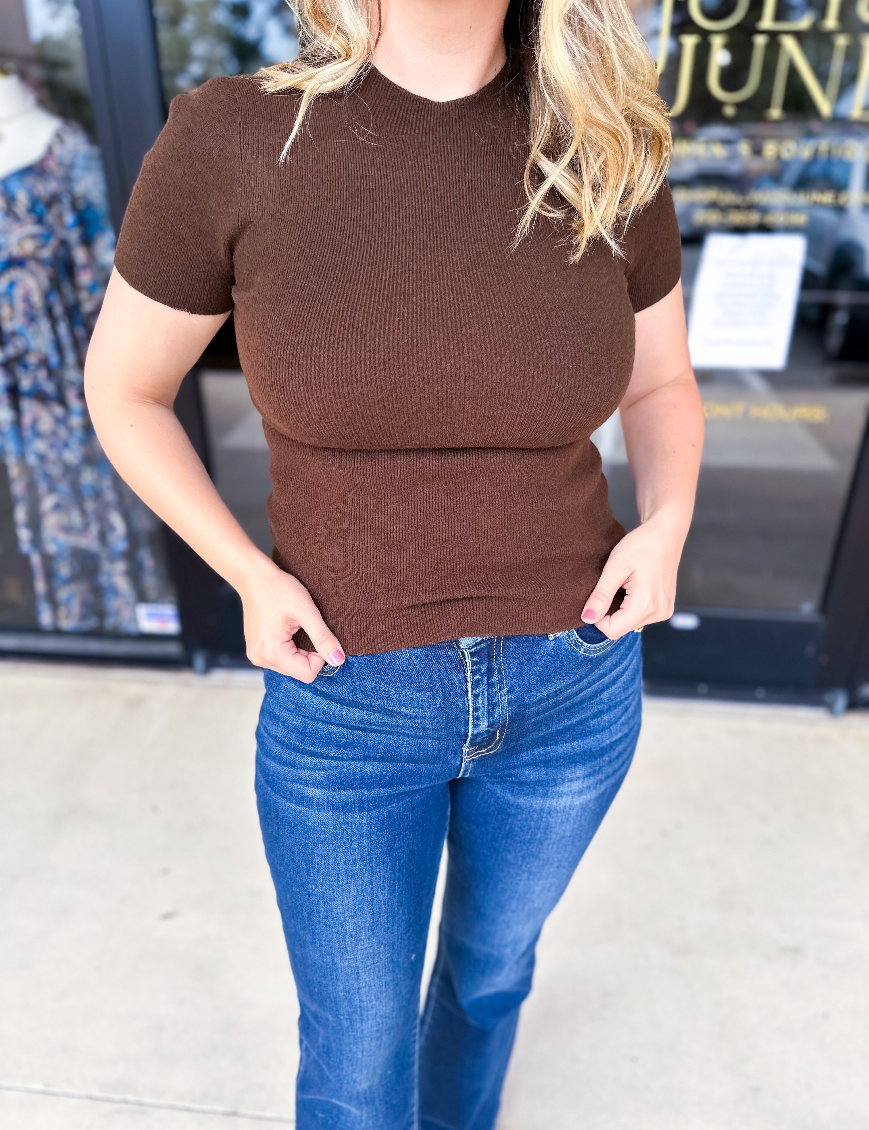 Chic Comfy Mock Neck Top - Chocolate-210 Casual Blouses-SKIES ARE BLUE-July & June Women's Fashion Boutique Located in San Antonio, Texas
