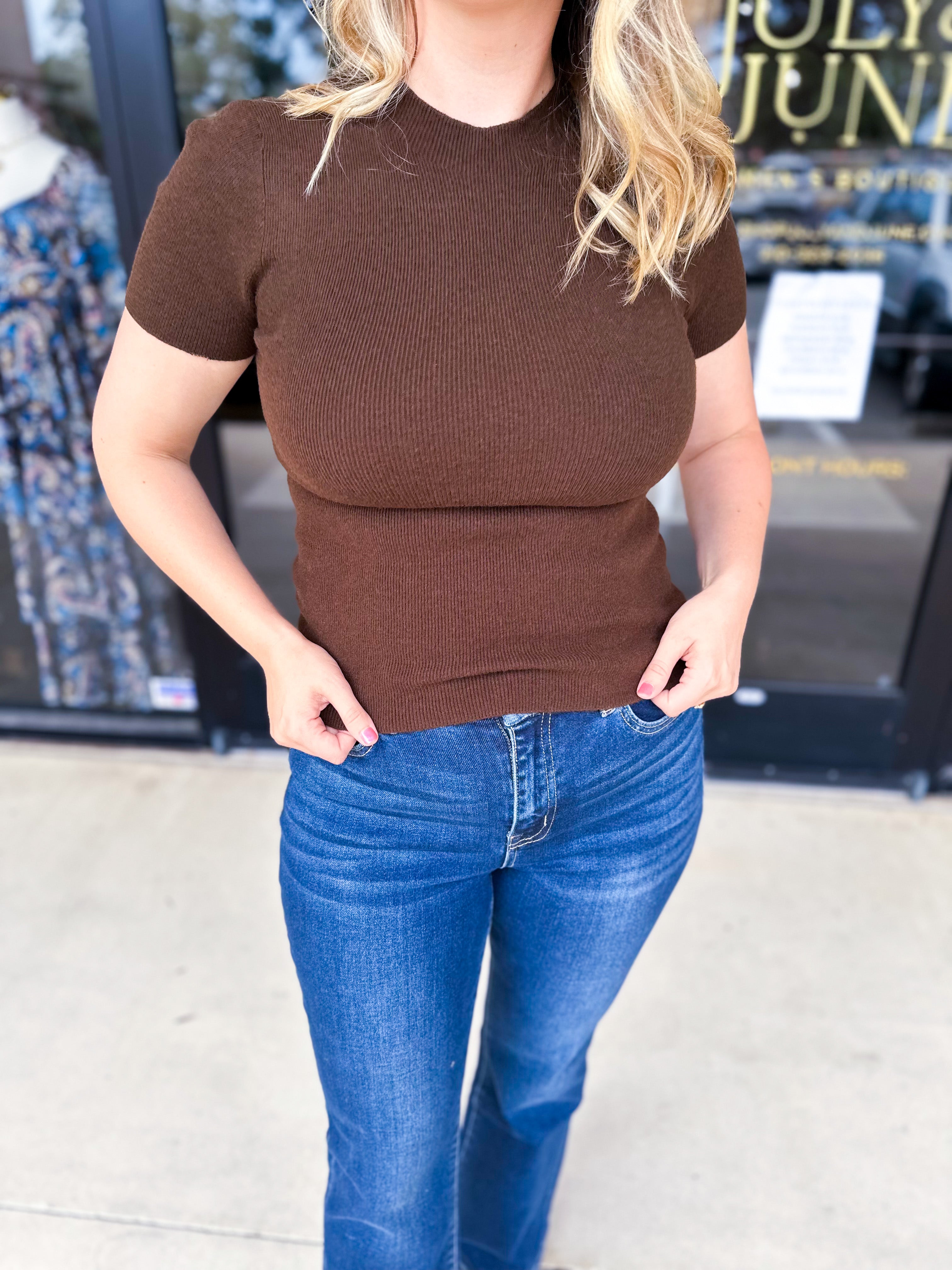 Chic Comfy Mock Neck Top - Chocolate-210 Casual Blouses-SKIES ARE BLUE-July & June Women's Fashion Boutique Located in San Antonio, Texas