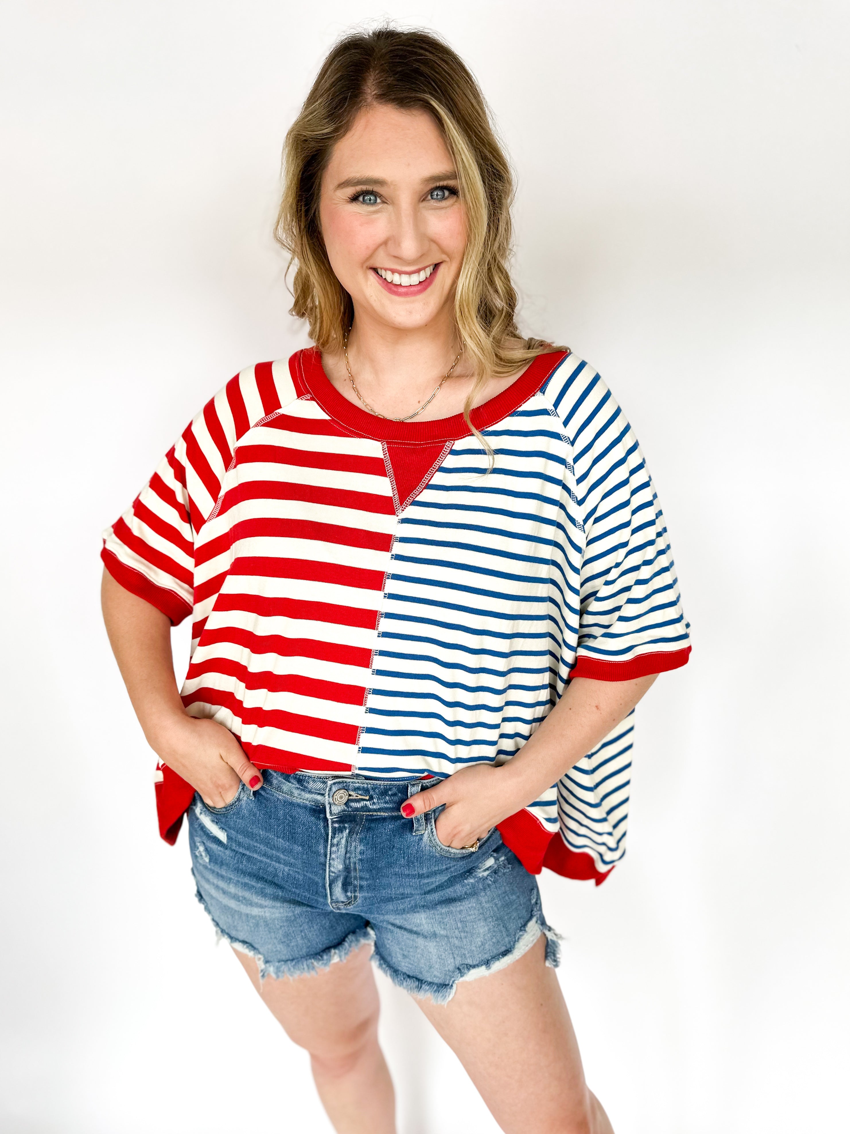 Blue & Red Striped Oversized Tee-210 Casual Blouses-FANTASTIC FAWN-July & June Women's Fashion Boutique Located in San Antonio, Texas