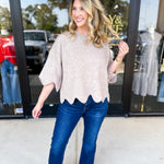 Scalloped Sweater Top - Taupe-230 Sweaters/Cardis-ENTRO-July & June Women's Fashion Boutique Located in San Antonio, Texas