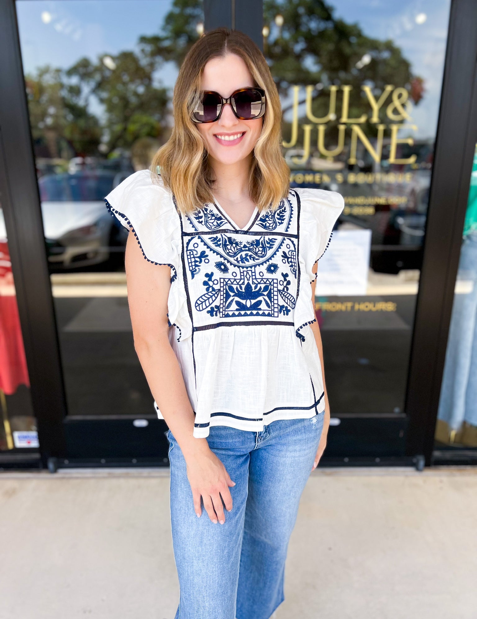 Navy & Ivory Embroidered Blouse-200 Fashion Blouses-FATE-July & June Women's Fashion Boutique Located in San Antonio, Texas