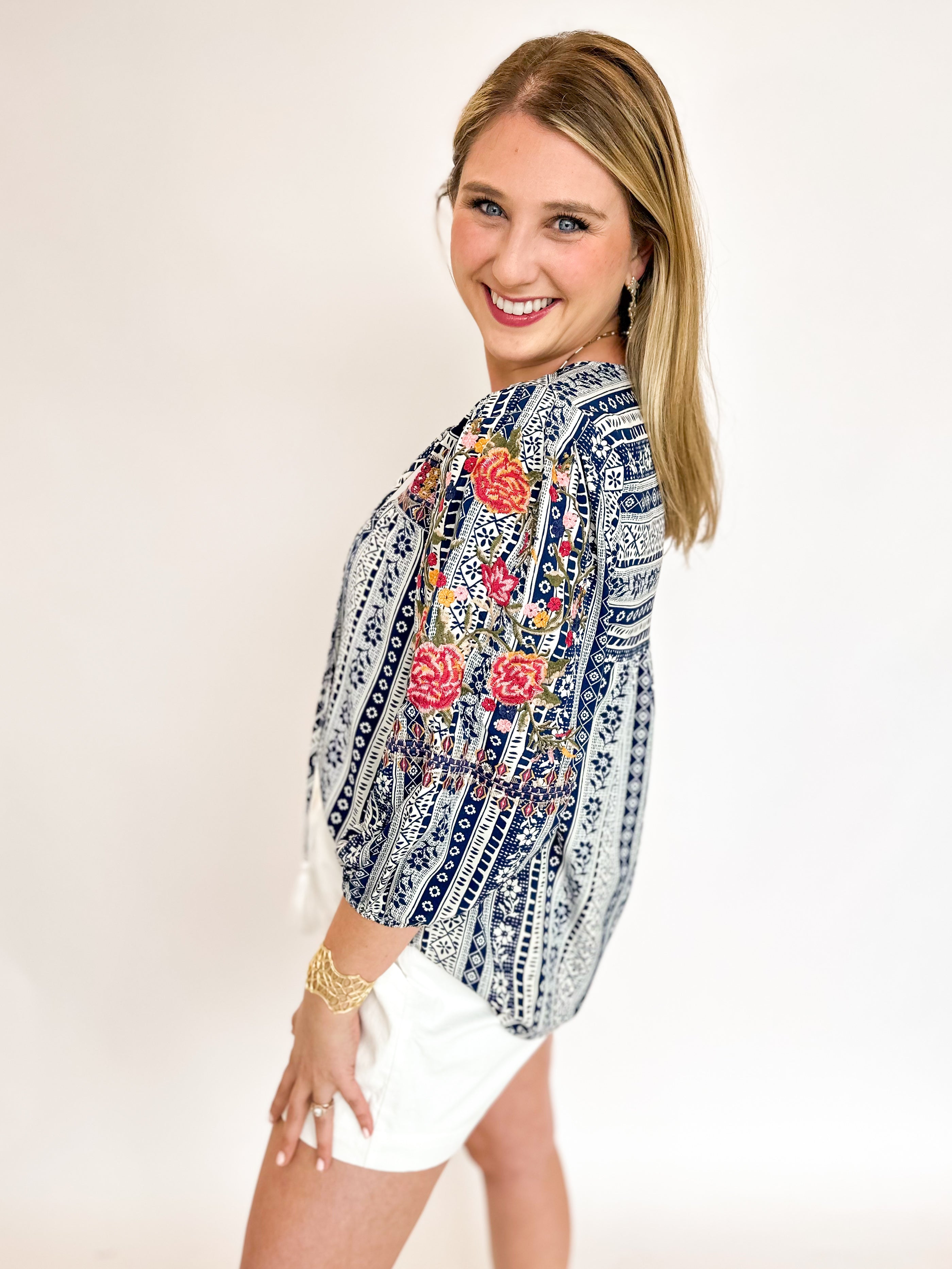 Navy Peasant Embroidered Blouse-200 Fashion Blouses-ANDREE BY UNIT-July & June Women's Fashion Boutique Located in San Antonio, Texas