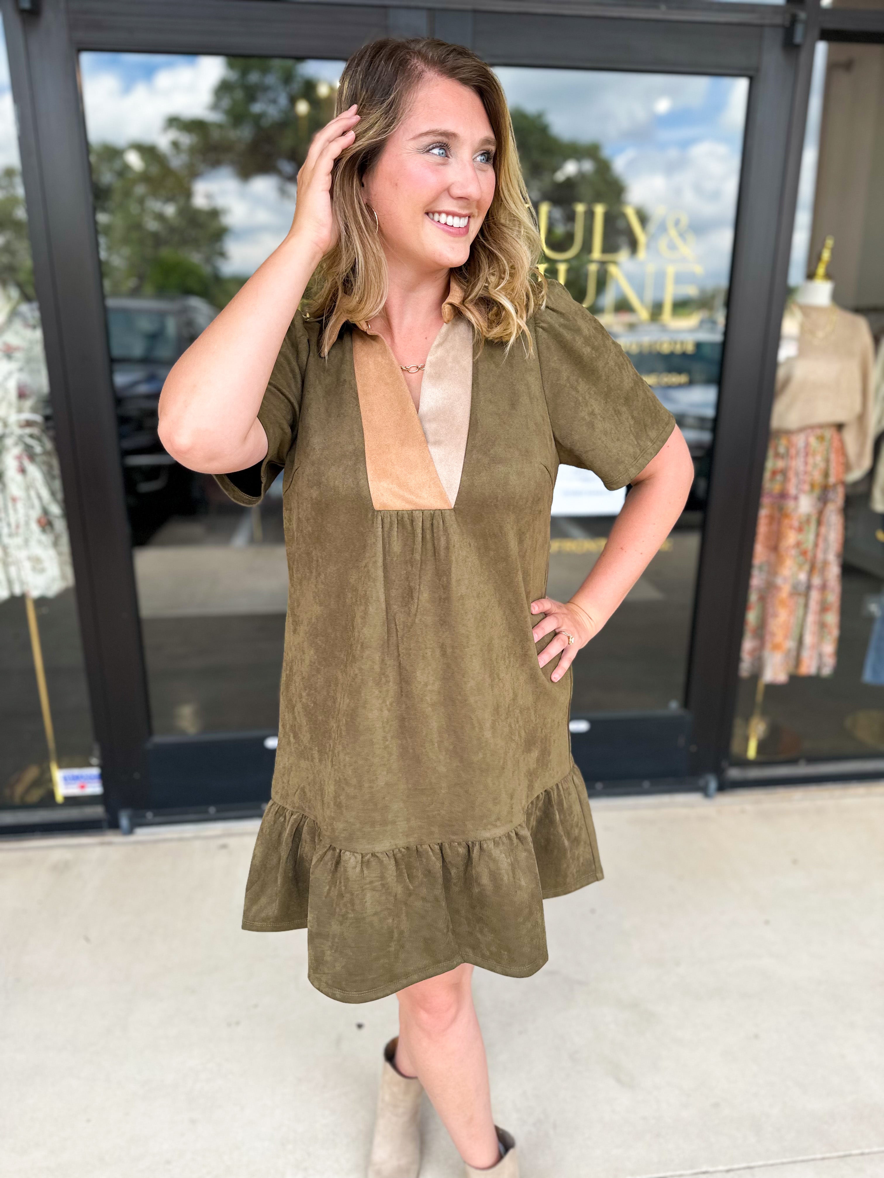 THML - Olive & Tan Suede Mini Dress-510 Mini-THML-July & June Women's Fashion Boutique Located in San Antonio, Texas