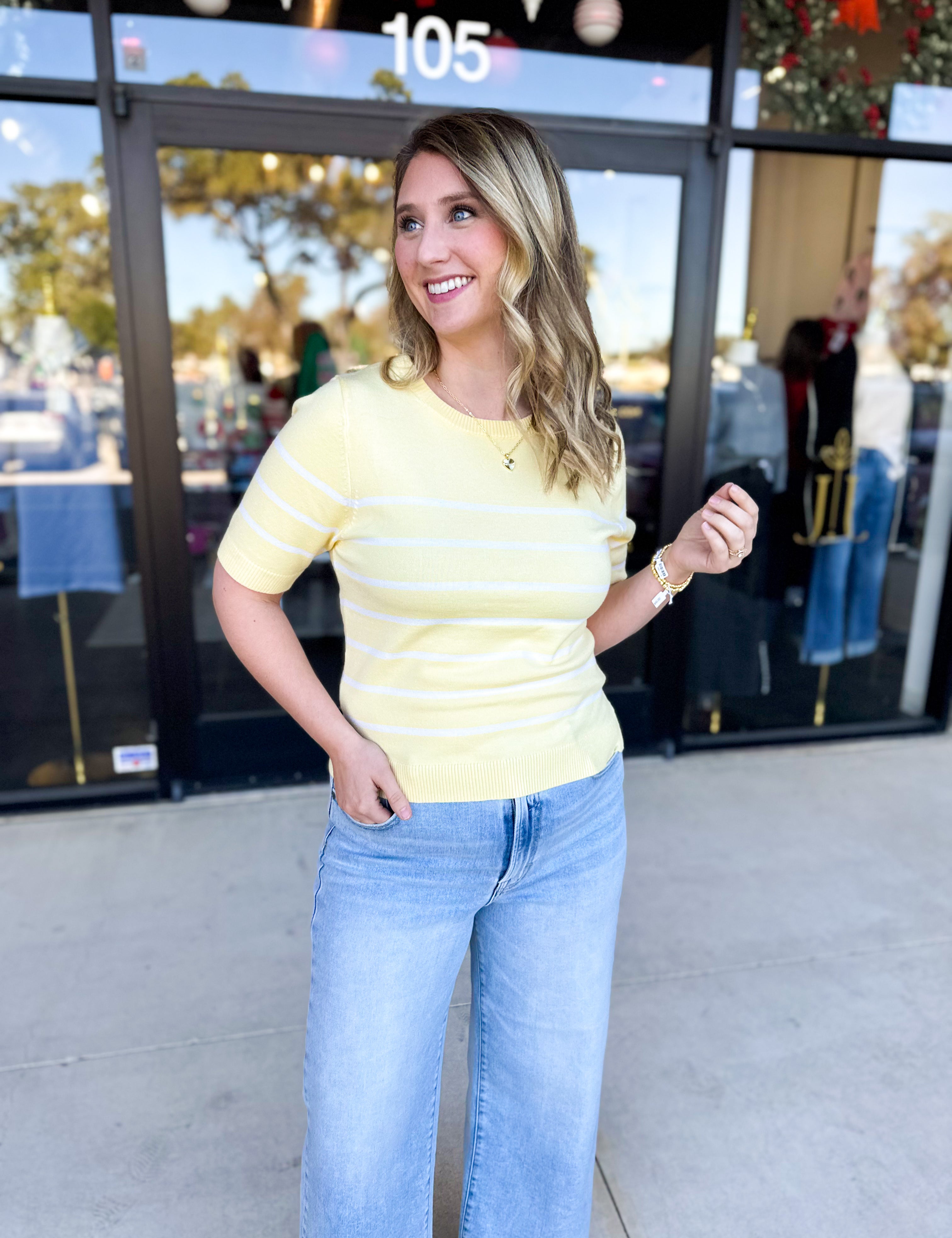 Short Sleeve Stripped Sweater Top - Lemon-230 Sweaters/Cardis-ALLIE ROSE-July & June Women's Fashion Boutique Located in San Antonio, Texas