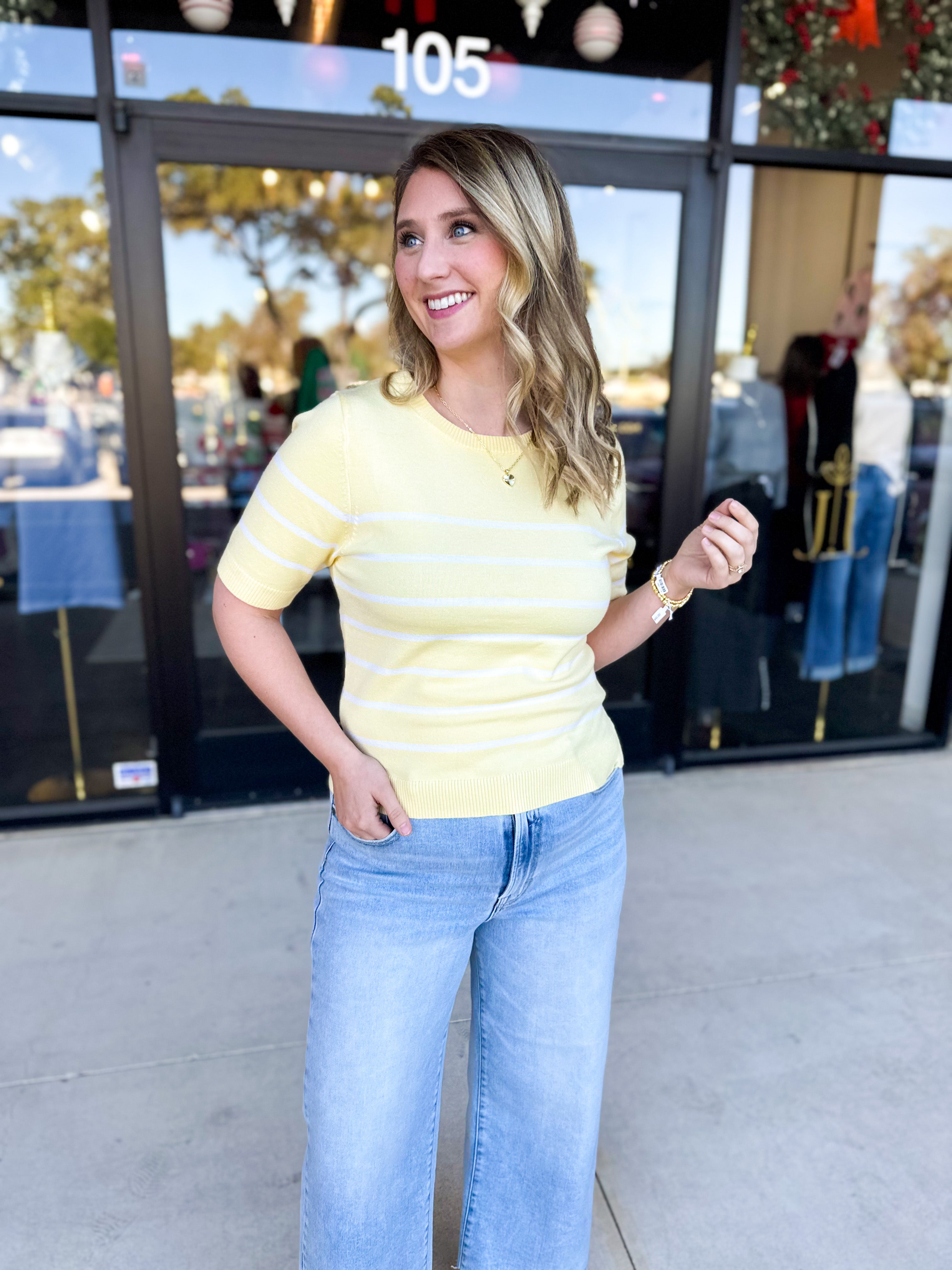 Short Sleeve Stripped Sweater Top - Lemon-230 Sweaters/Cardis-ALLIE ROSE-July & June Women's Fashion Boutique Located in San Antonio, Texas