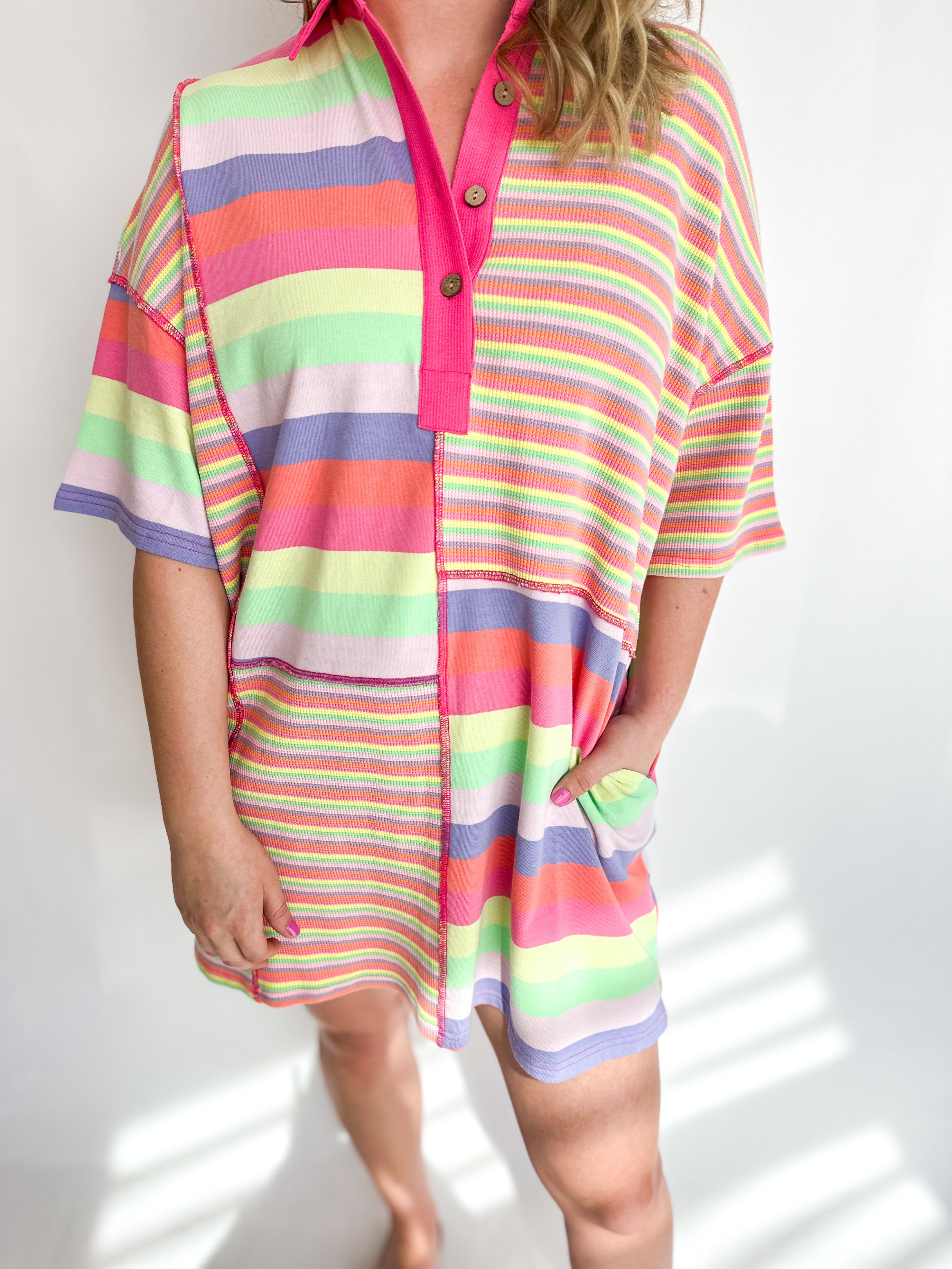 Pastel Sunrise Henley Mini Dress-510 Mini-FANTASTIC FAWN-July & June Women's Fashion Boutique Located in San Antonio, Texas