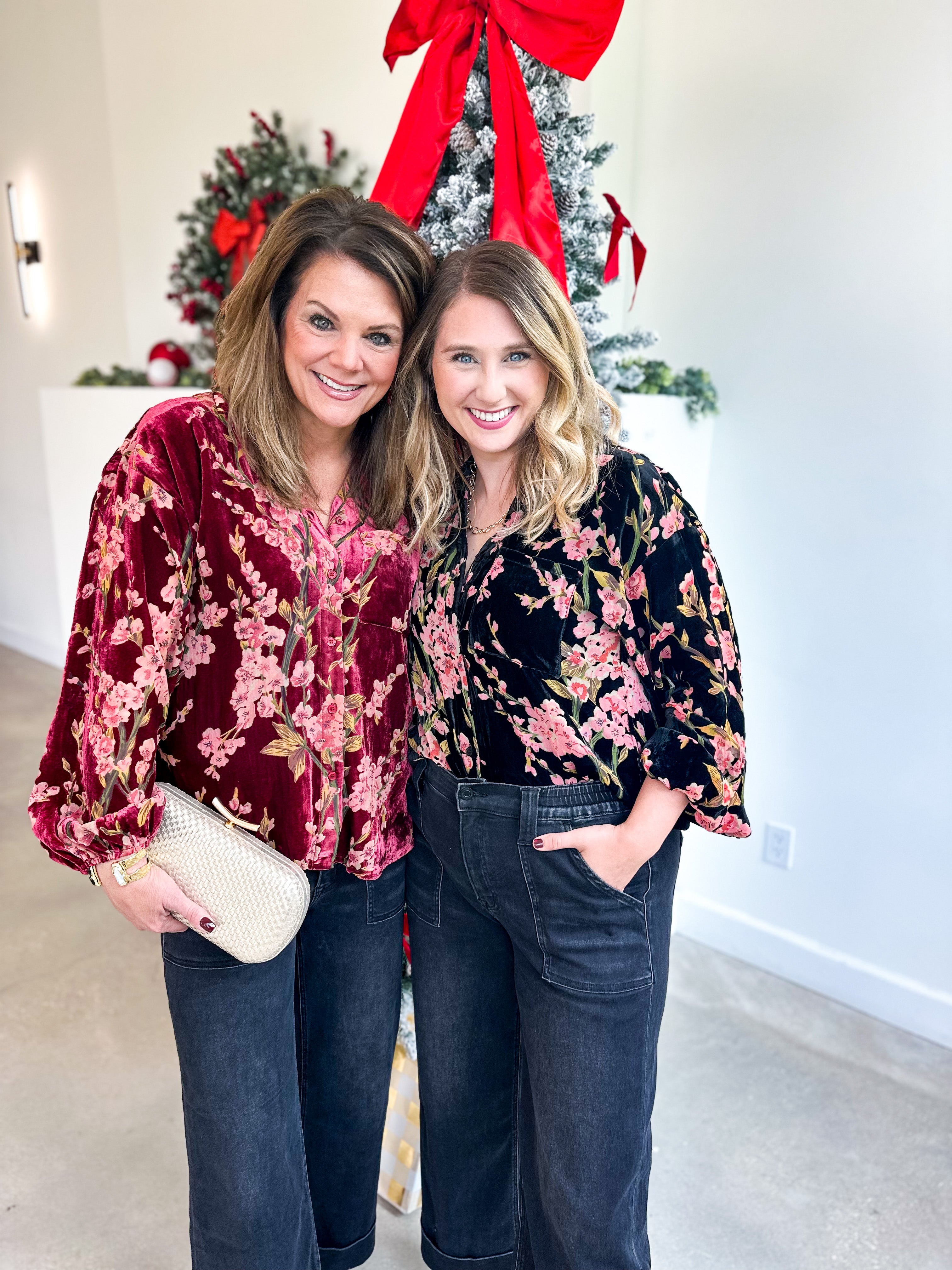 Velvet Floral Blouse - Black-200 Fashion Blouses-JODIFL-July & June Women's Fashion Boutique Located in San Antonio, Texas