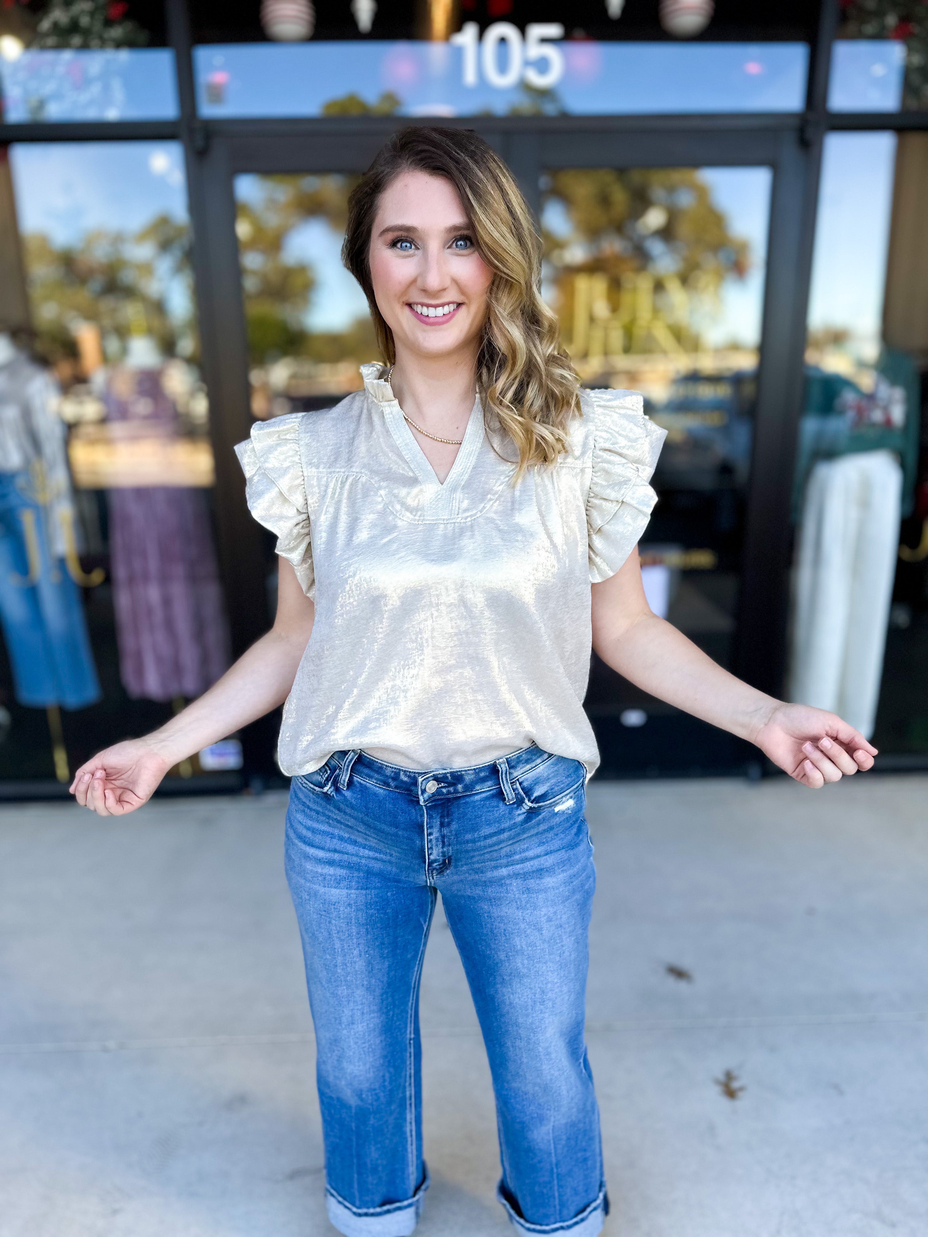 THML - Gold Shimmer Blouse-200 Fashion Blouses-THML-July & June Women's Fashion Boutique Located in San Antonio, Texas