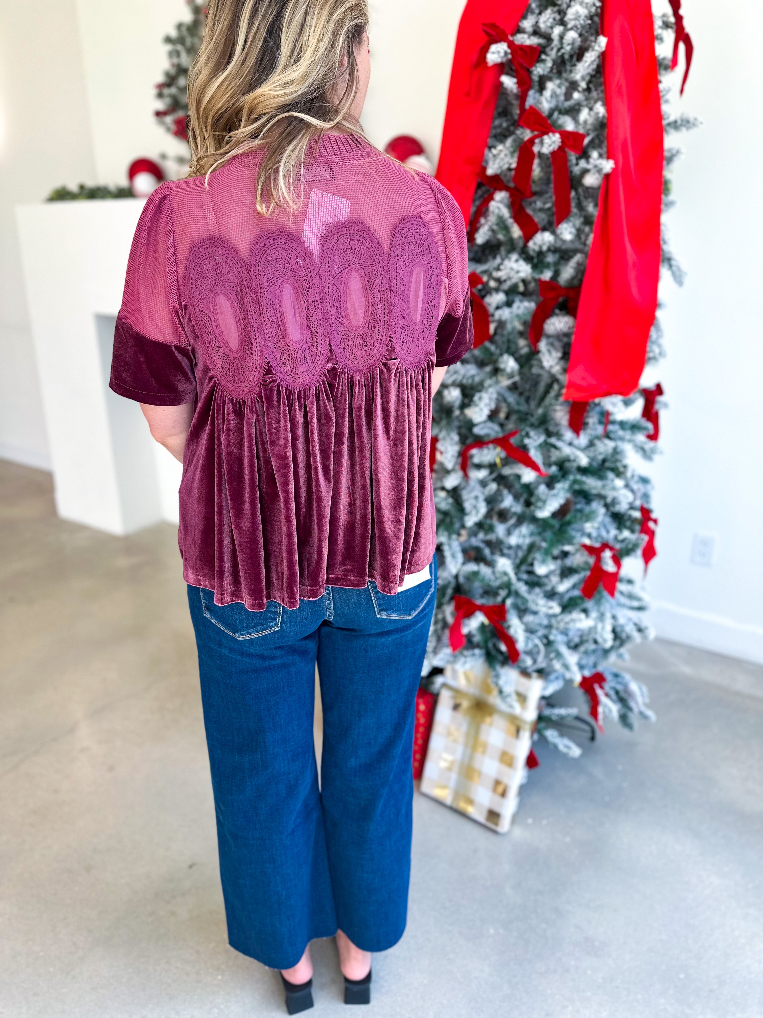 Lace Details Velvet Blouse - Pink-200 Fashion Blouses-FATE-July & June Women's Fashion Boutique Located in San Antonio, Texas
