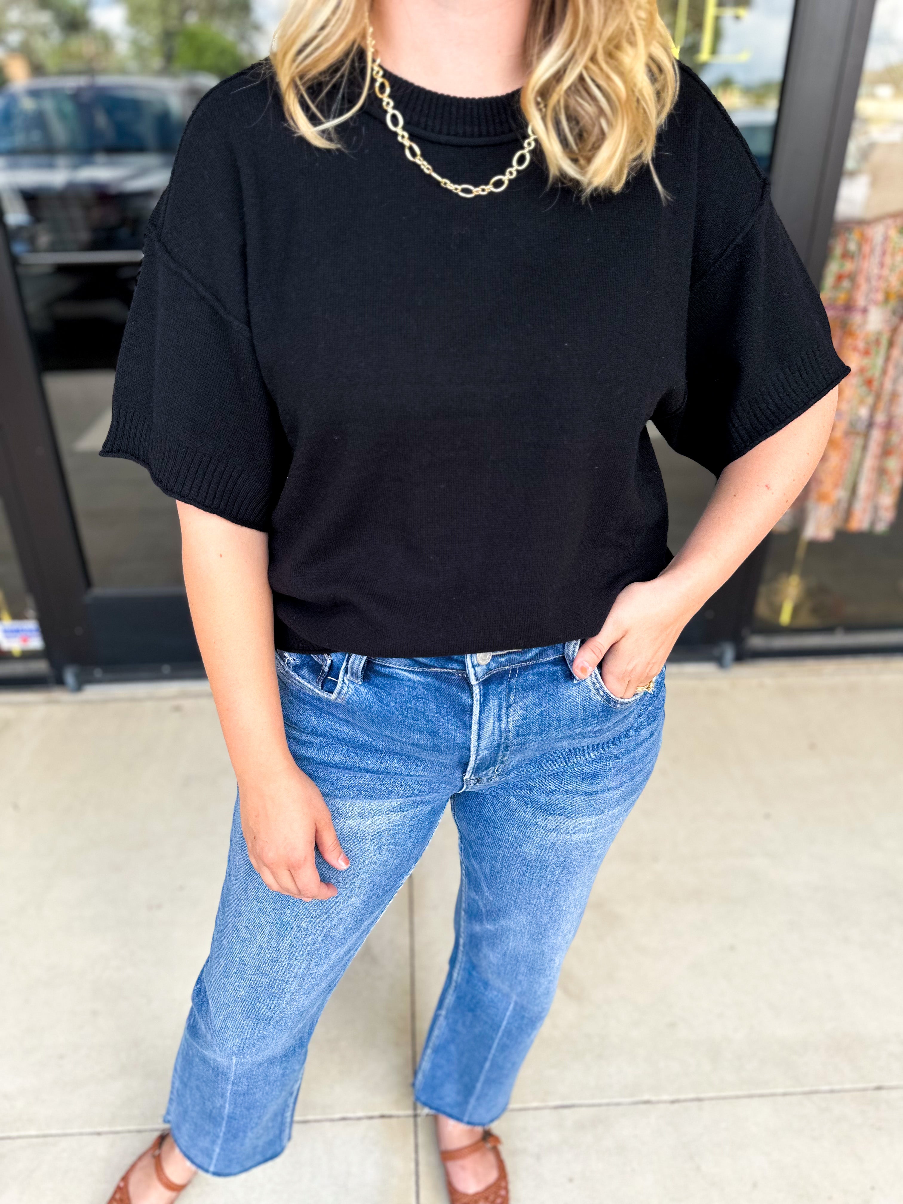 The Ella Knit Sweater Top - Black-230 Sweaters/Cardis-JODIFL-July & June Women's Fashion Boutique Located in San Antonio, Texas