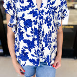Blue Floral Ruffle Blouse-200 Fashion Blouses-PINCH-July & June Women's Fashion Boutique Located in San Antonio, Texas
