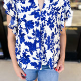 Blue Floral Ruffle Blouse-200 Fashion Blouses-PINCH-July & June Women's Fashion Boutique Located in San Antonio, Texas