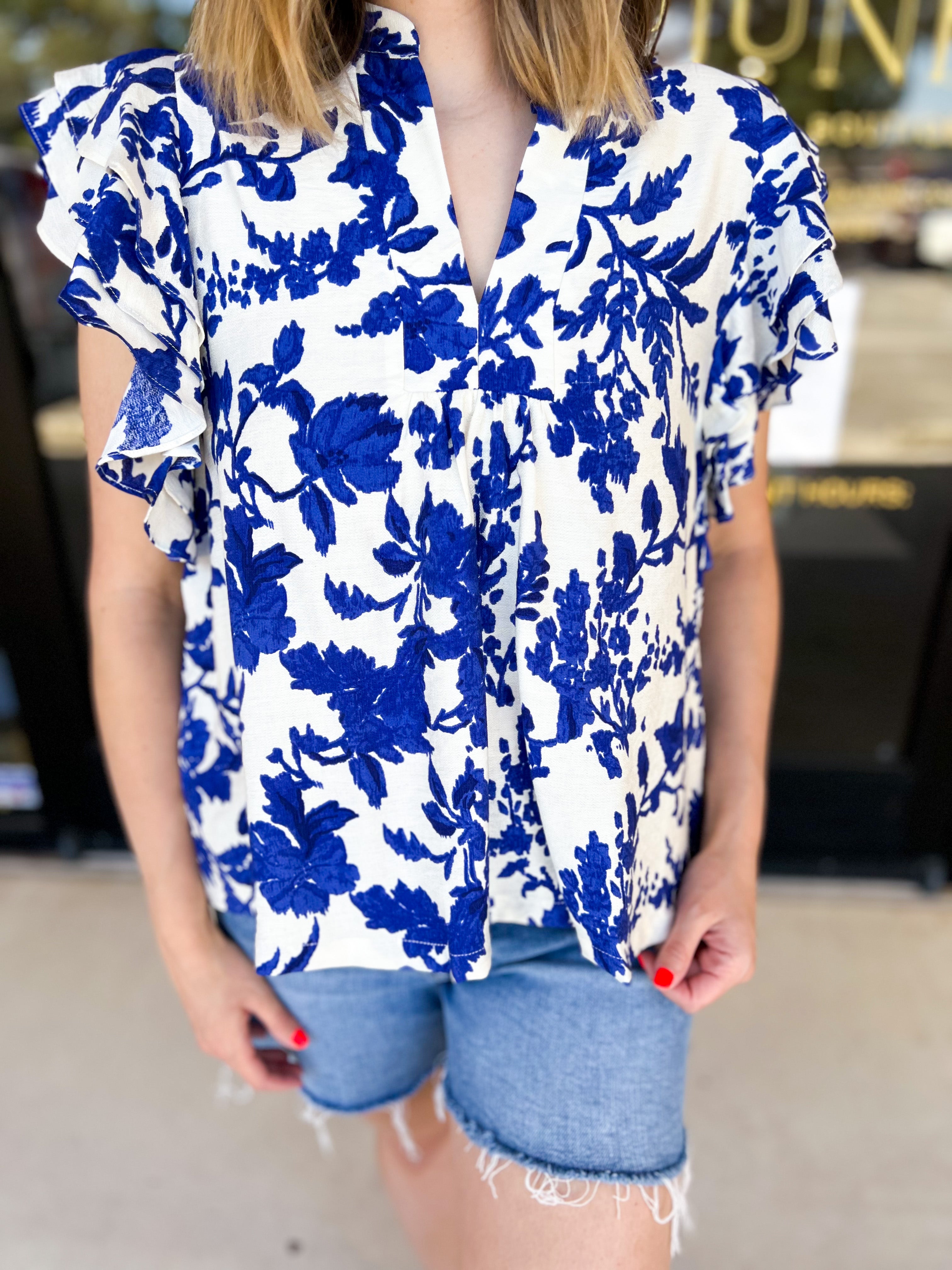 Blue Floral Ruffle Blouse-200 Fashion Blouses-PINCH-July & June Women's Fashion Boutique Located in San Antonio, Texas